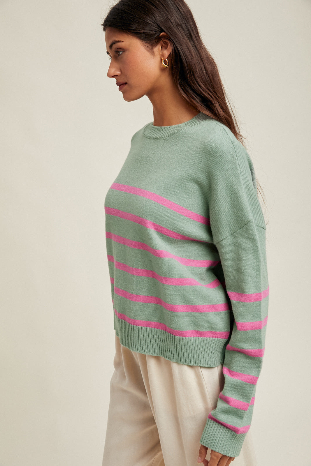STRIPED DROP SHOULDER LIGHTWEIGHT SWEATER