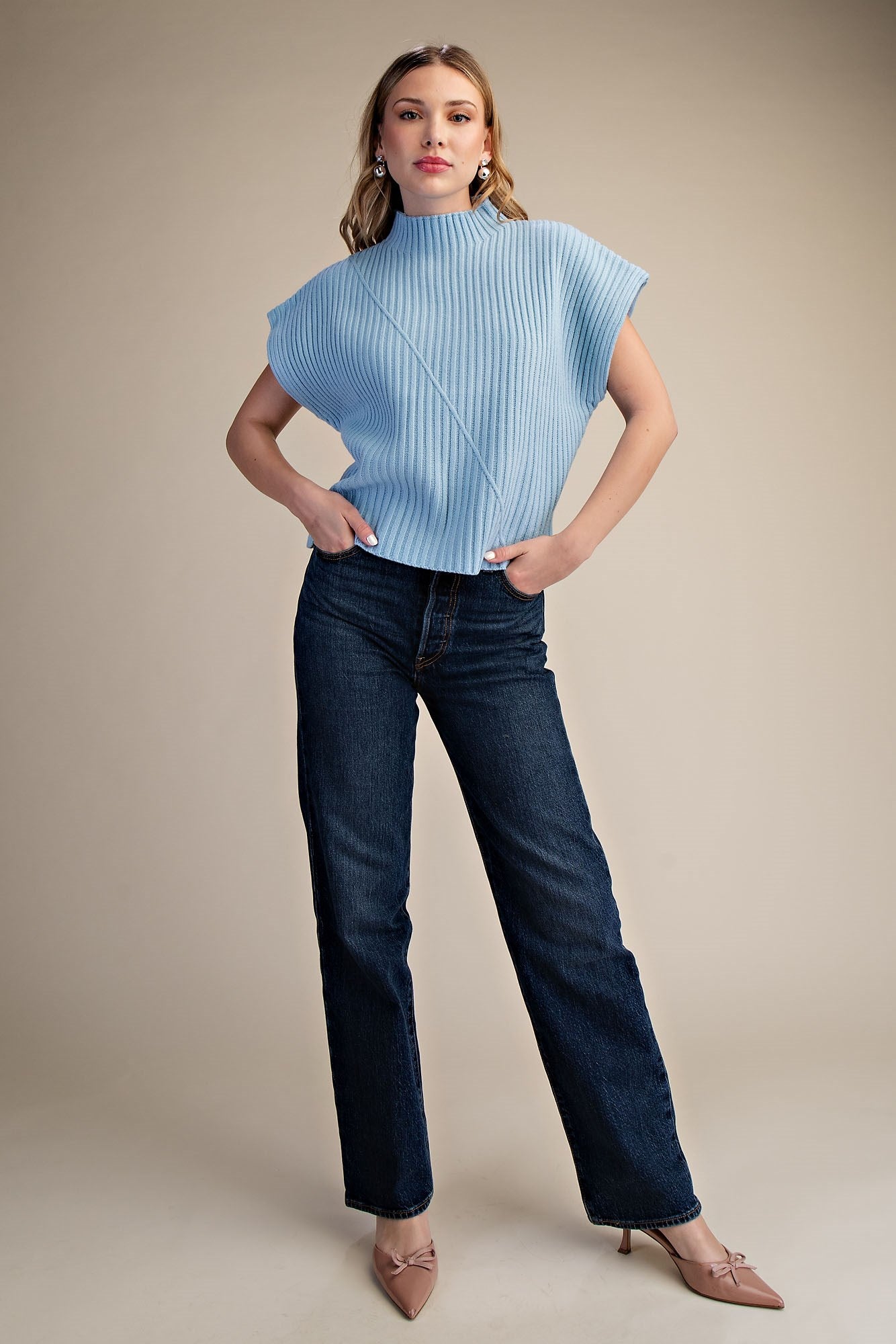 Ribbed Knit Vest Sweater, Blue