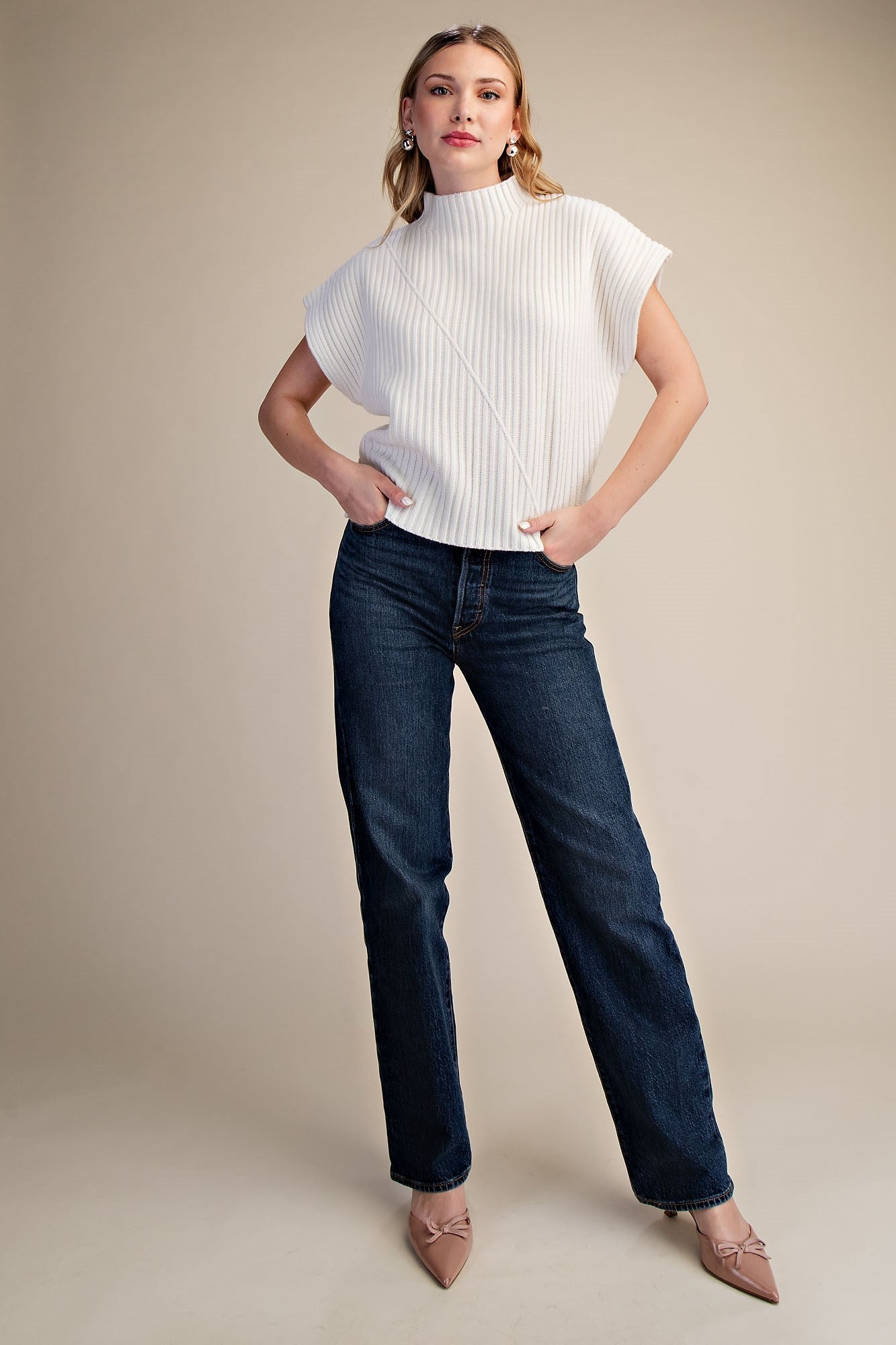Ribbed Knit Vest Sweater, White