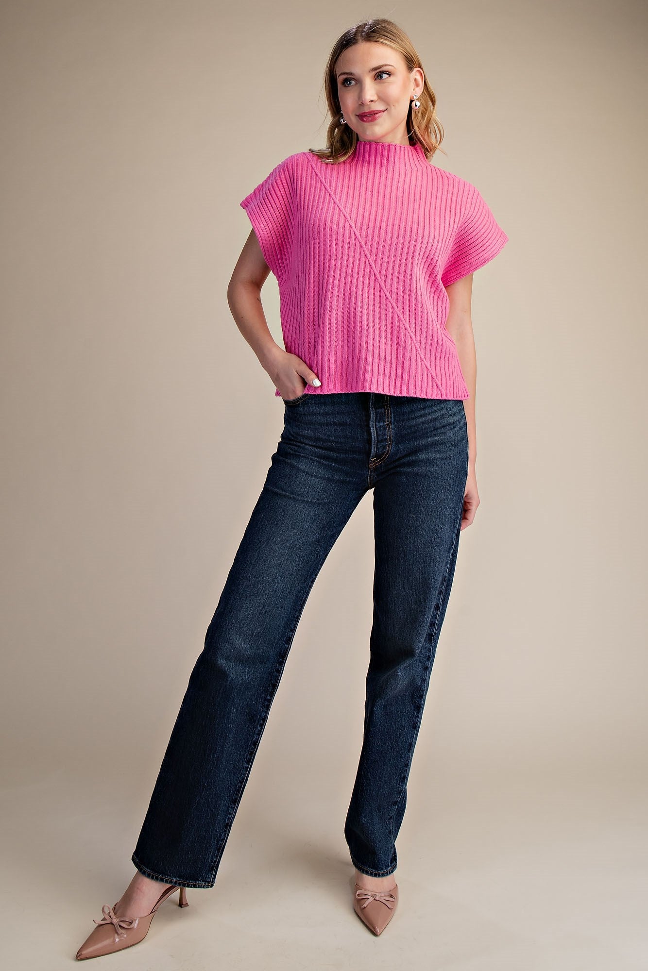Ribbed Knit Vest Sweater, Pink