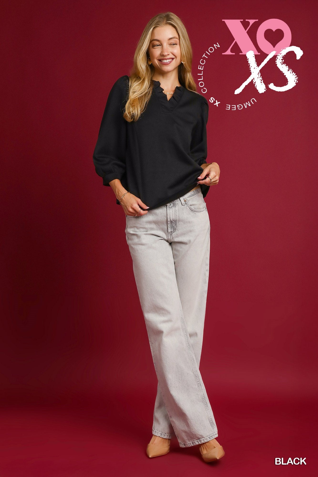 Ruffle Neck Puff Sleeves Top, Black