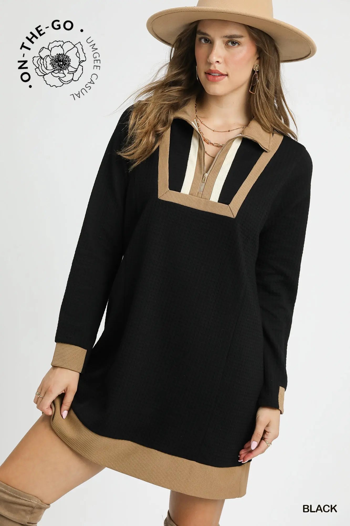 Waffle Knit Zip Collar Tunic Dress
