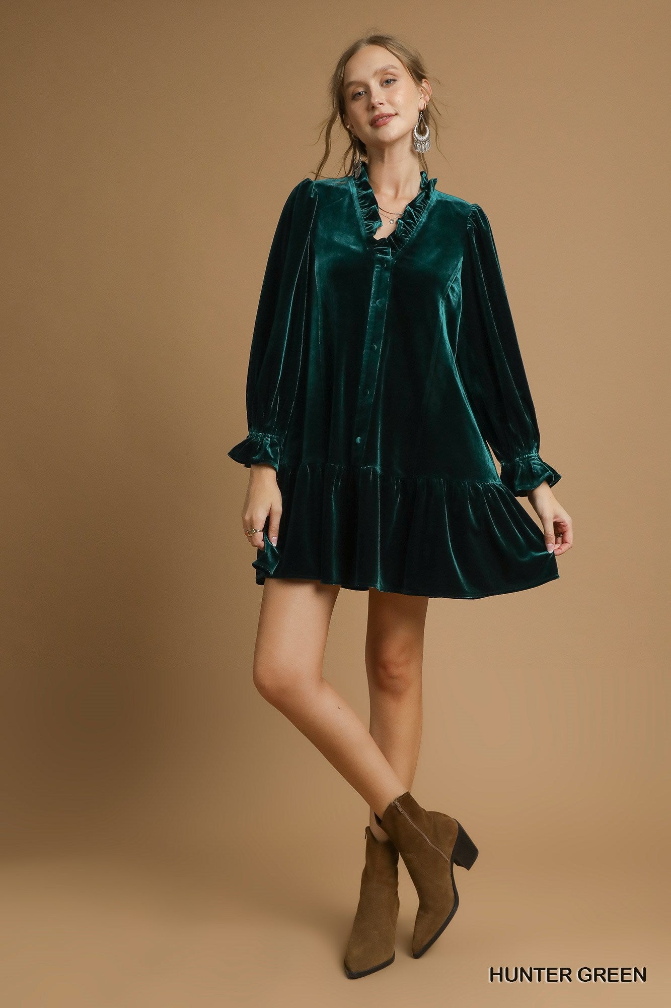 Velvet Ruffle Trim Mini Dress