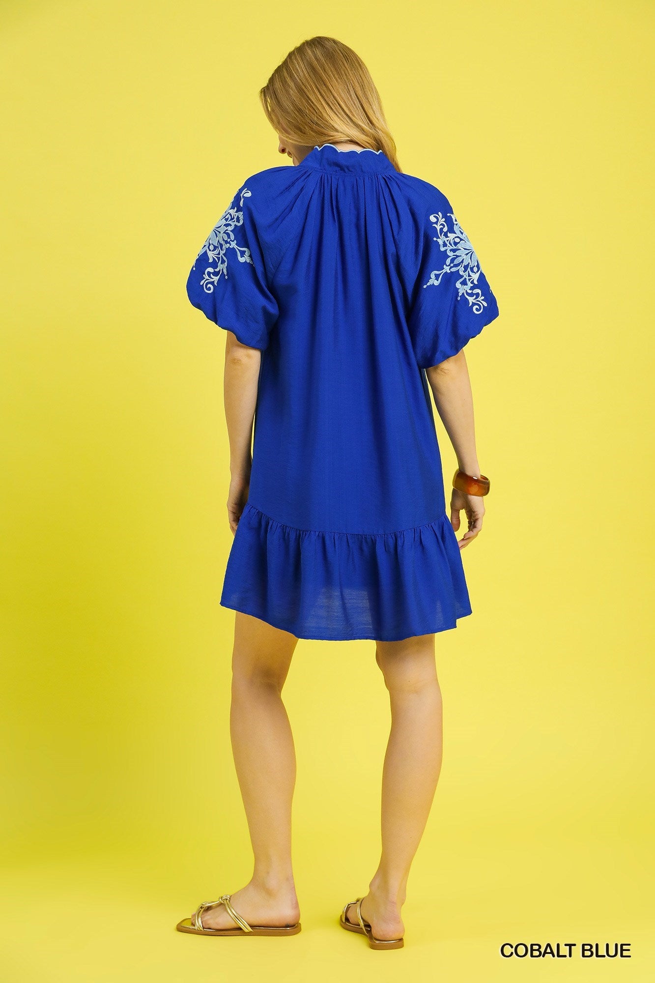 Cobalt Blue Embroidered Puff Sleeve Tiered Mini Dress
