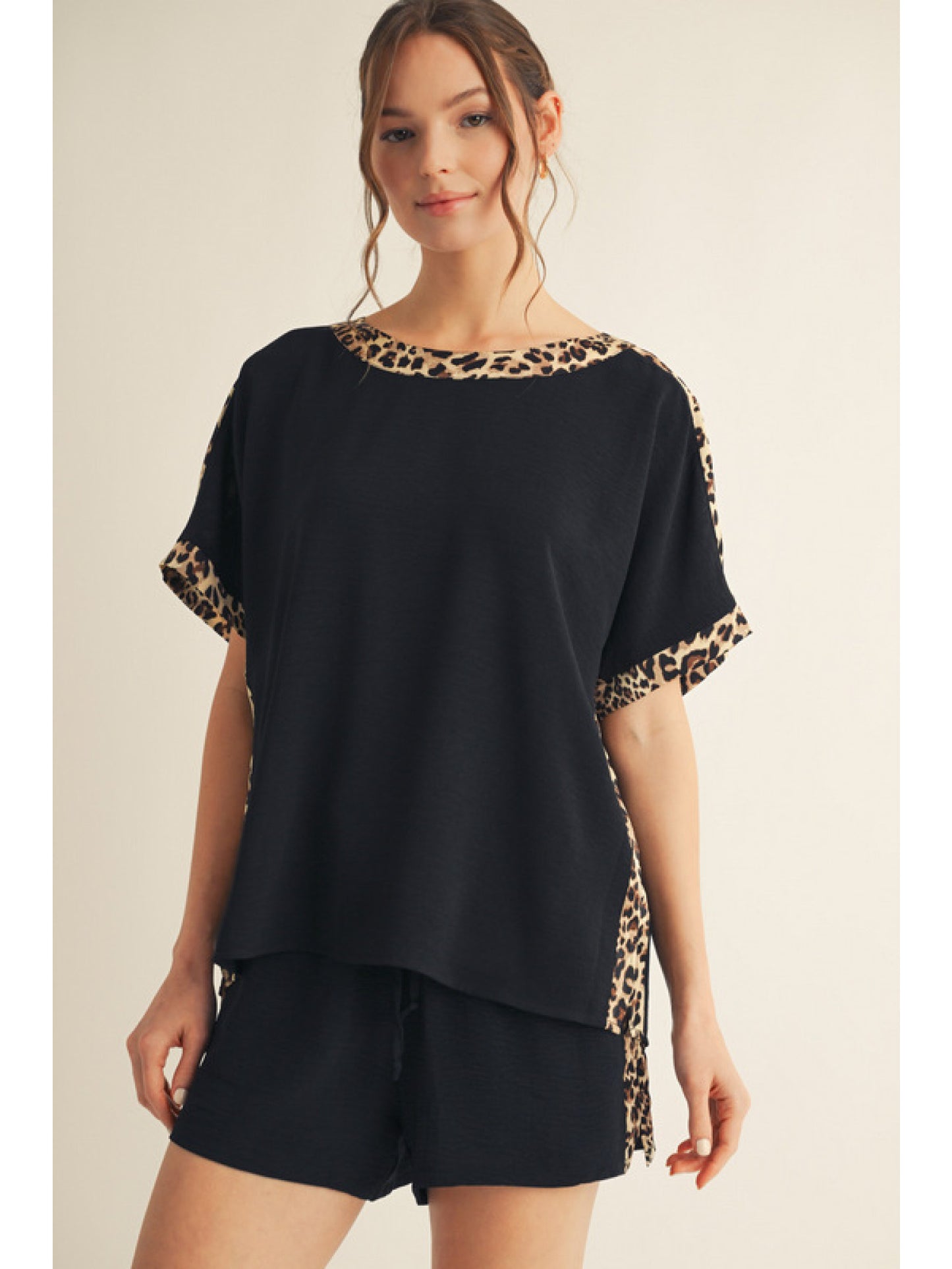 Black Leopard Trim Top