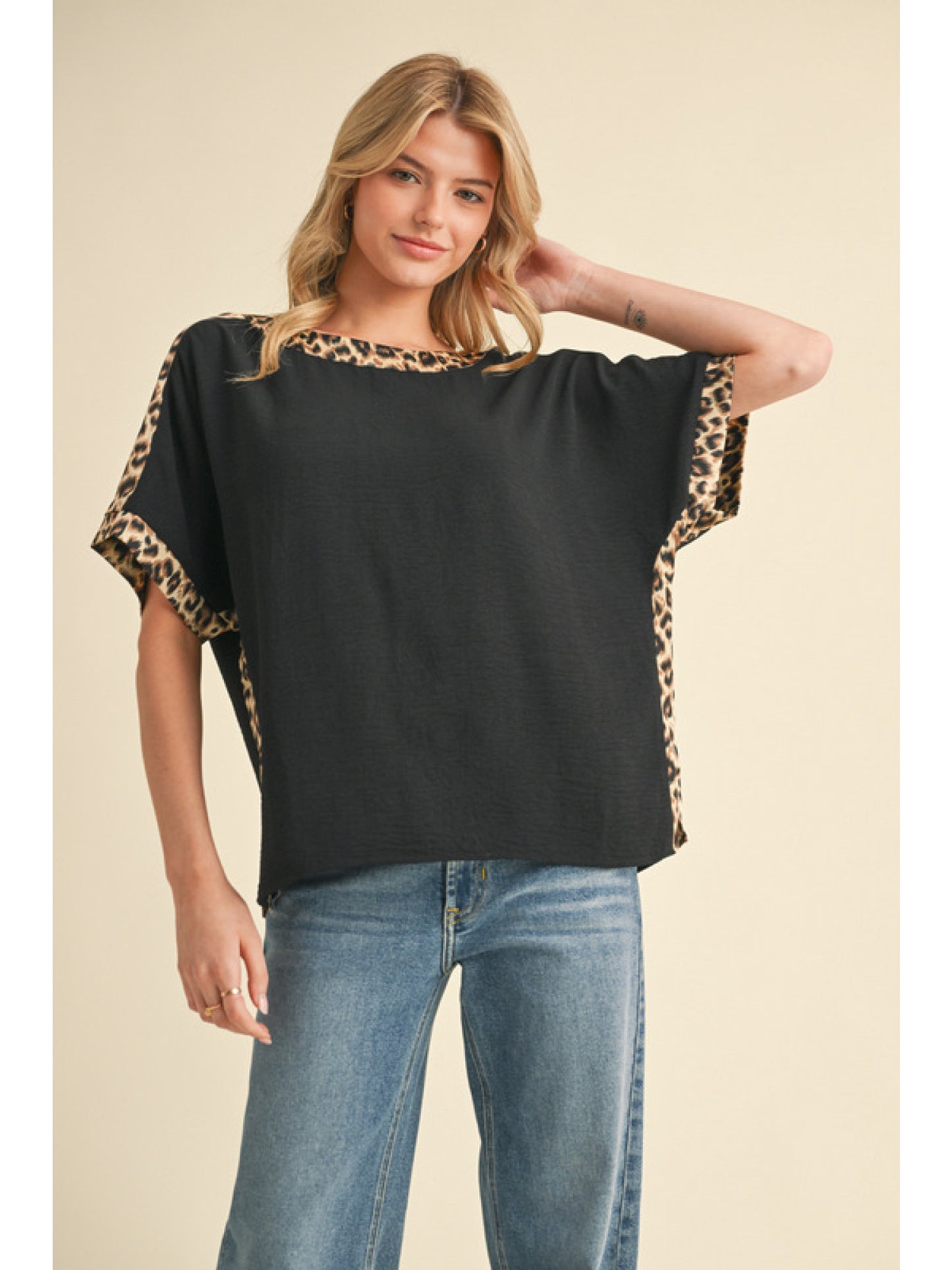 Black Leopard Trim Top