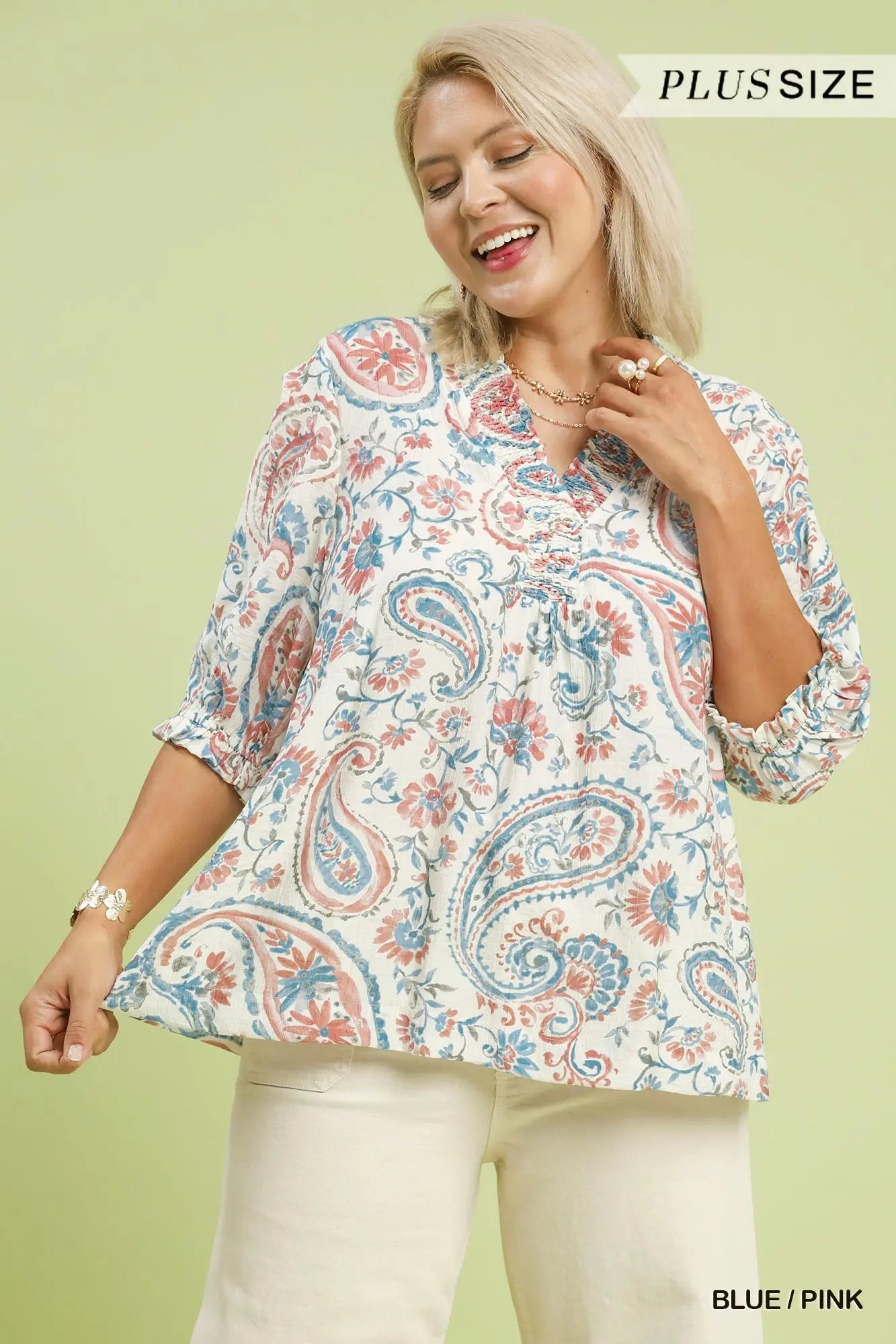 BLUE/PINK Smocked V-Neck Paisley Top