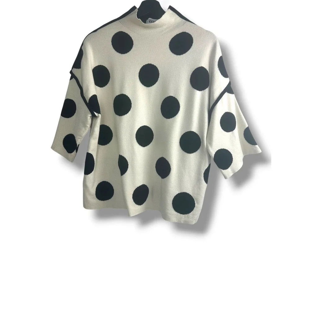 Brand Bazar White Black Polka Dot Mock Neck Oversized Knit