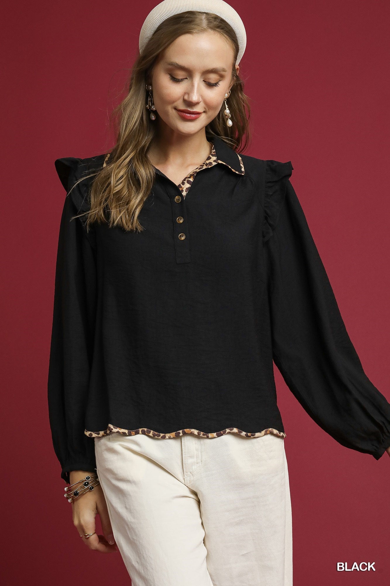Ruffle Shoulder Leopard Trim Top