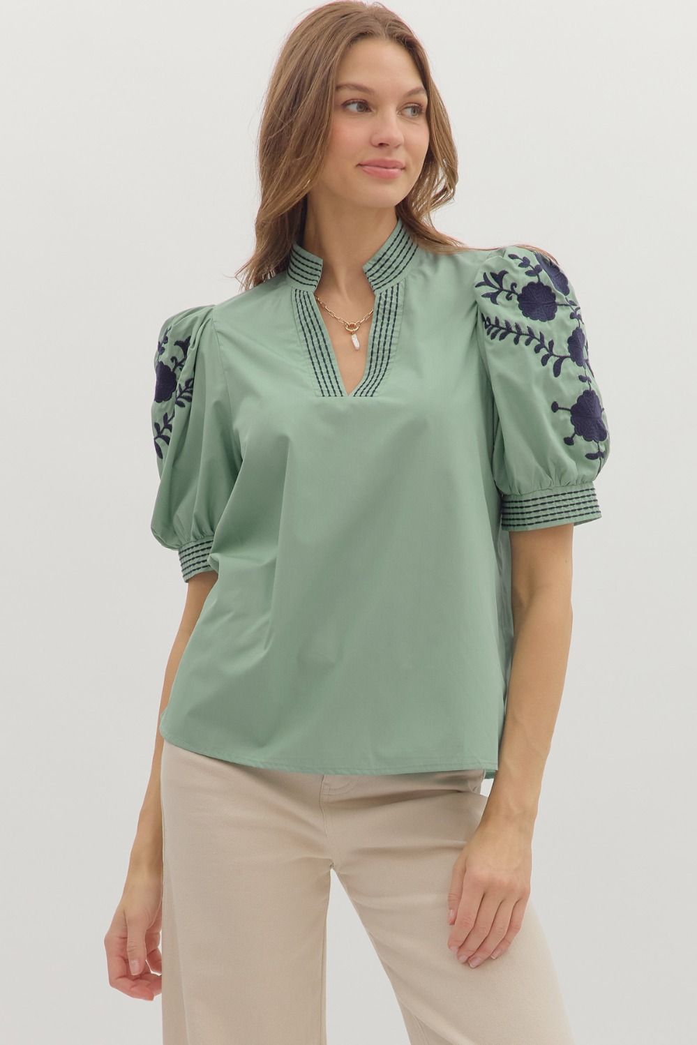 Sage Top W/ Navy Details