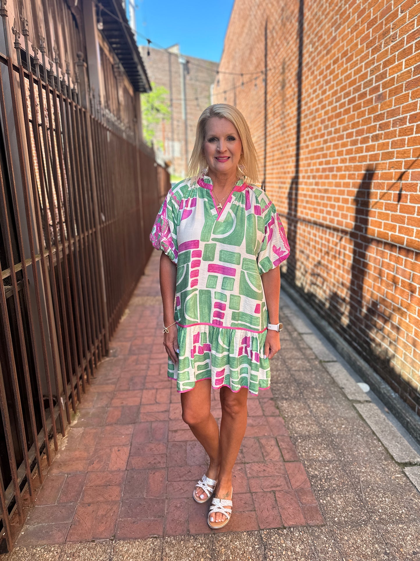 Green Mix Abstract Print Puff Sleeve Babydoll Dress