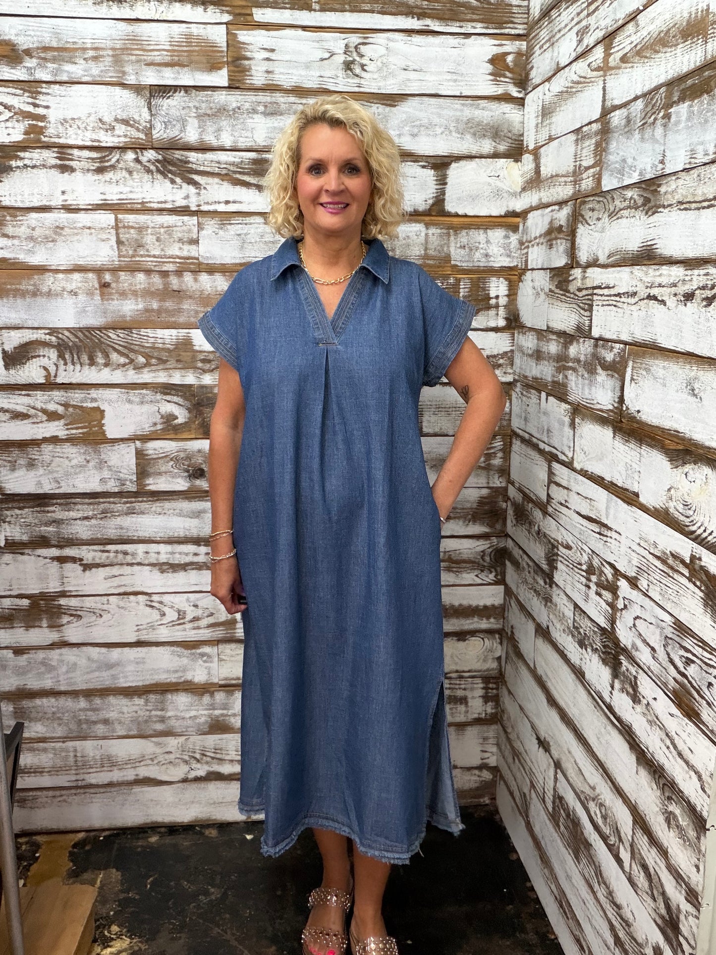Stone Washed Collared Denim Midi Dress