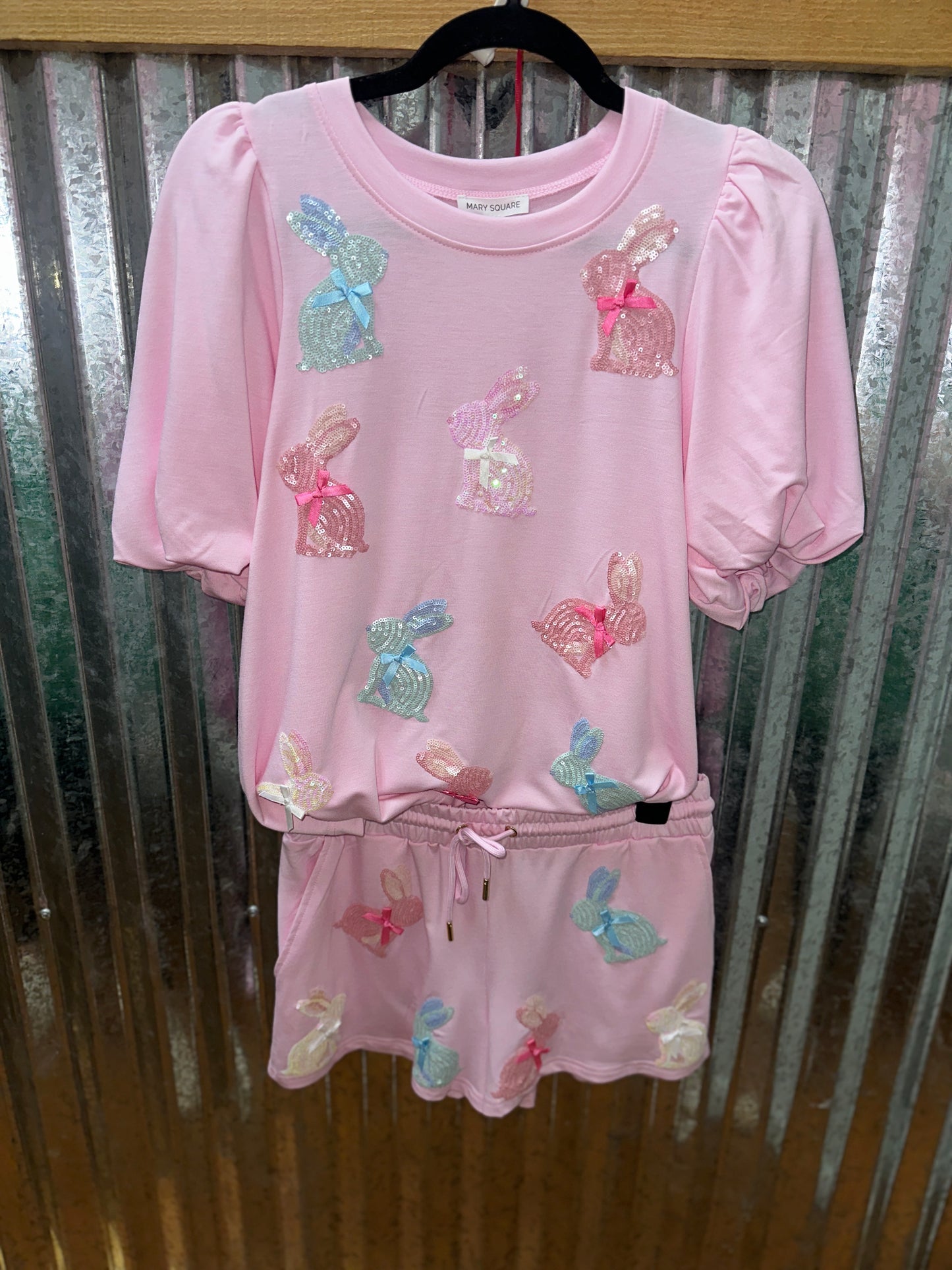 Sequin Bow Bunnies Pink Short Set
