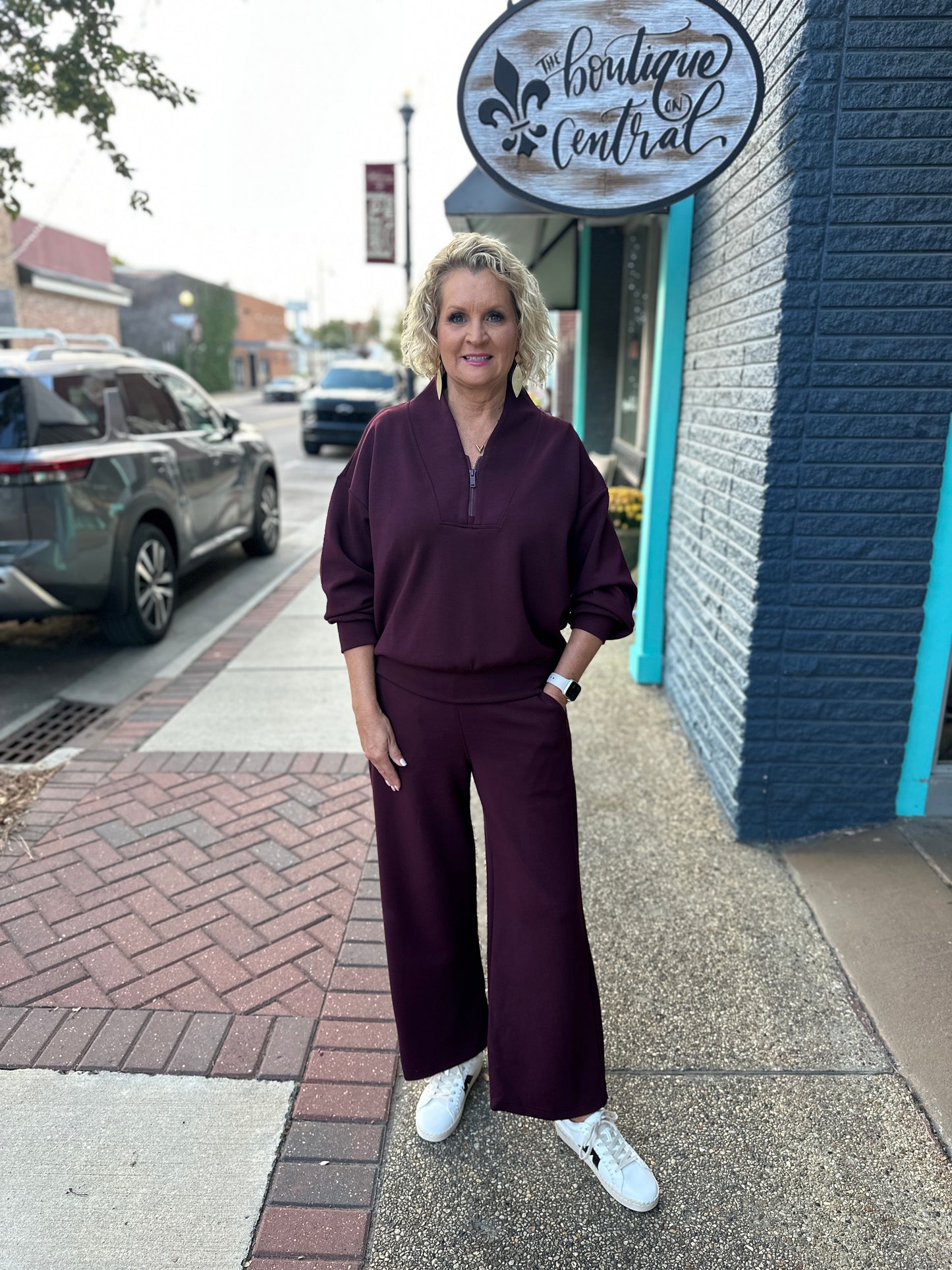 Scuba Poly Cropped Pant Set, DK Cherry