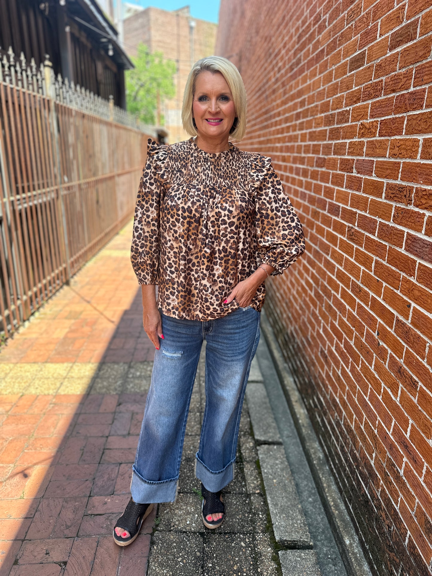 Smocked Leopard Print Ruffle Blouse
