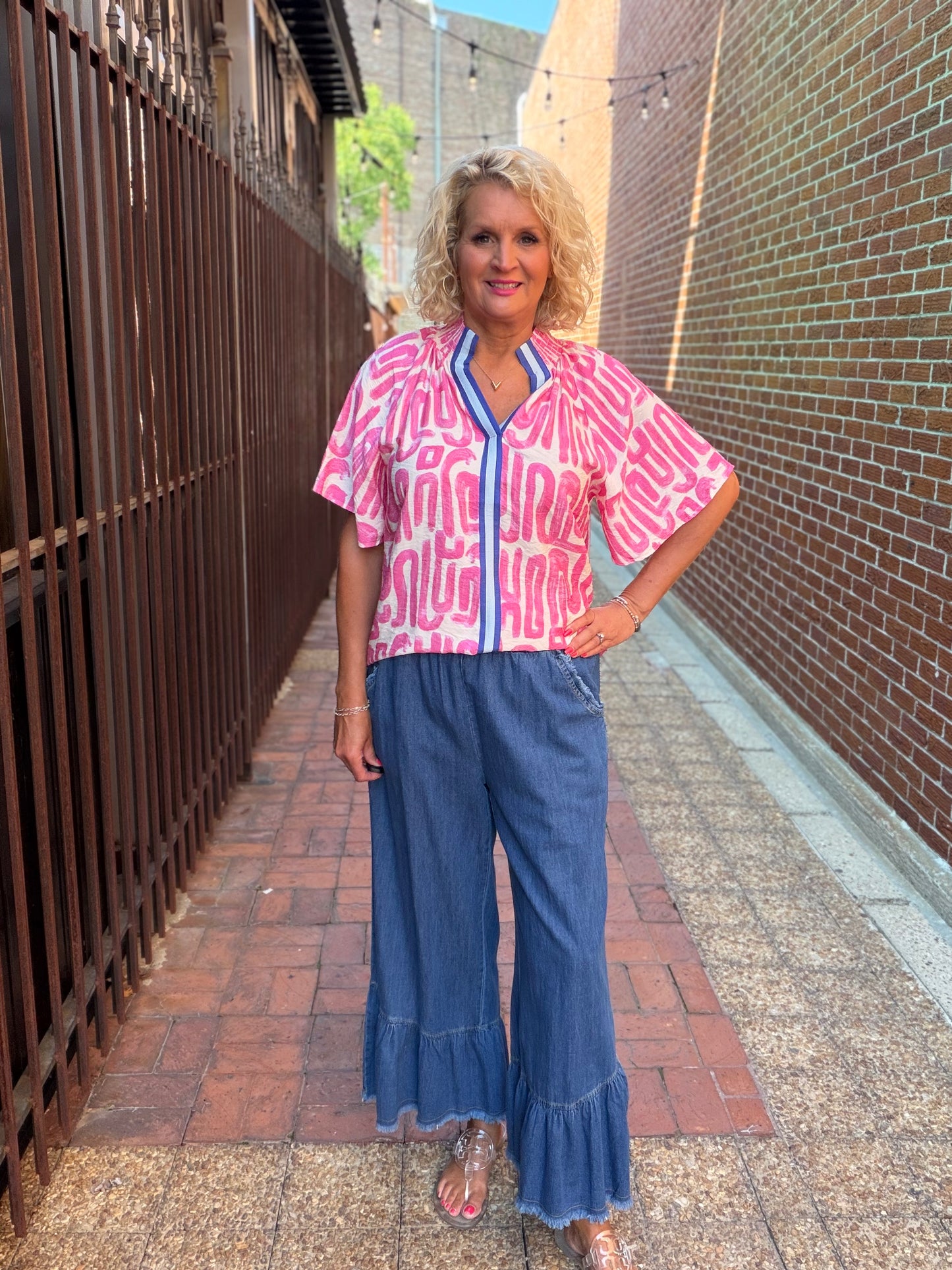 Washed Denim Wide Leg Pants