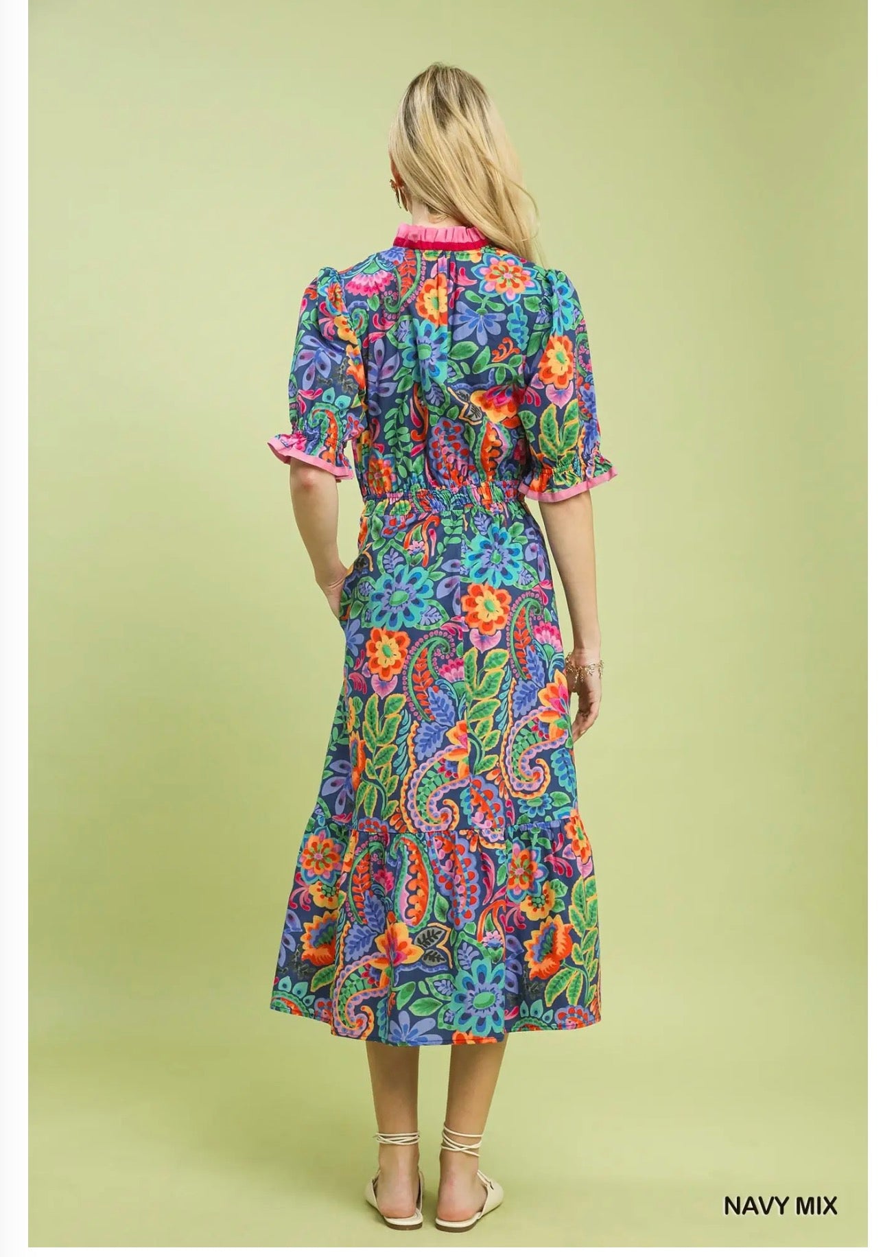 Mix Floral Midi Dr W/ Ruffle Trim