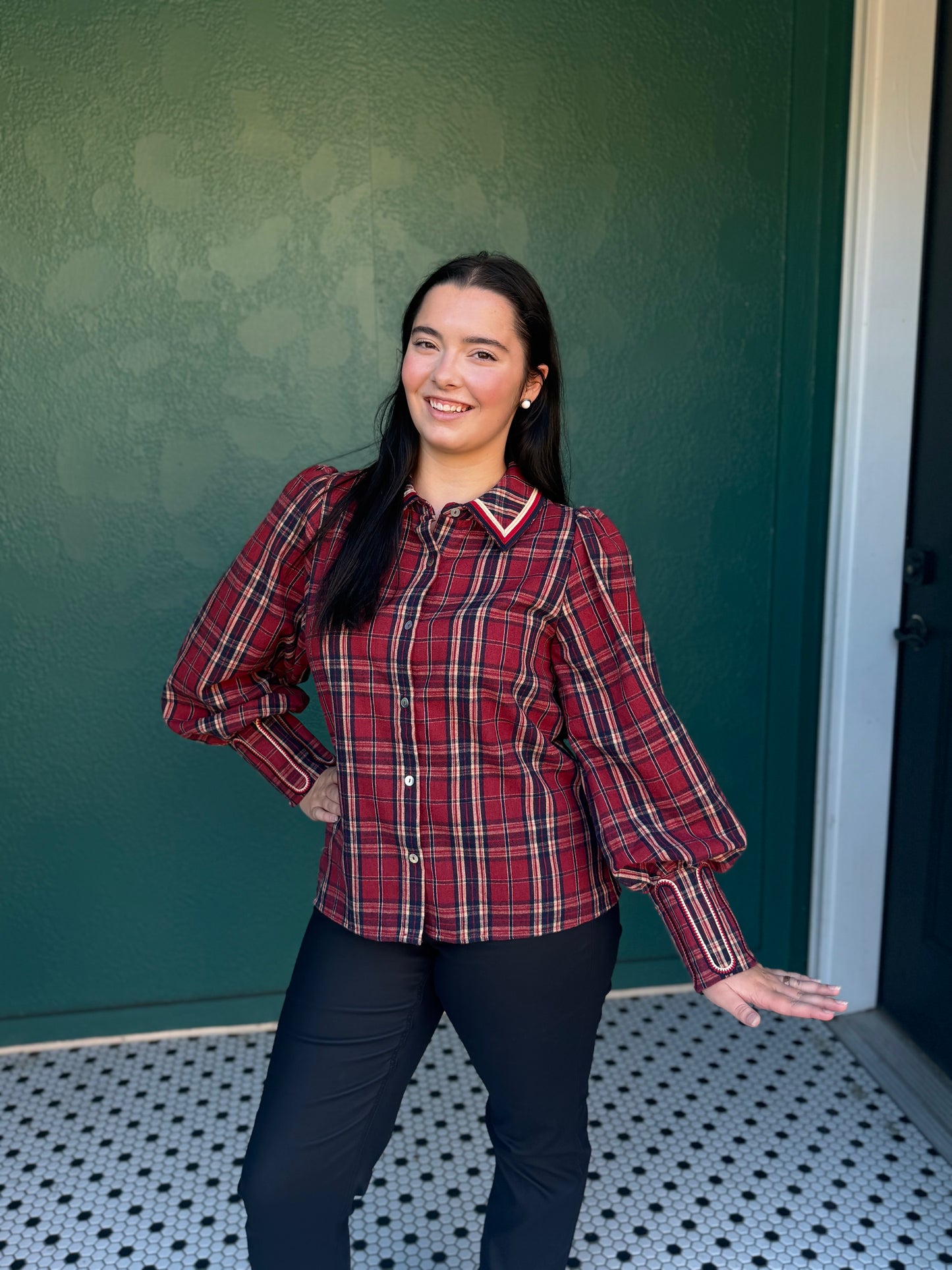 RED PLAID EMBROIDERED TOP