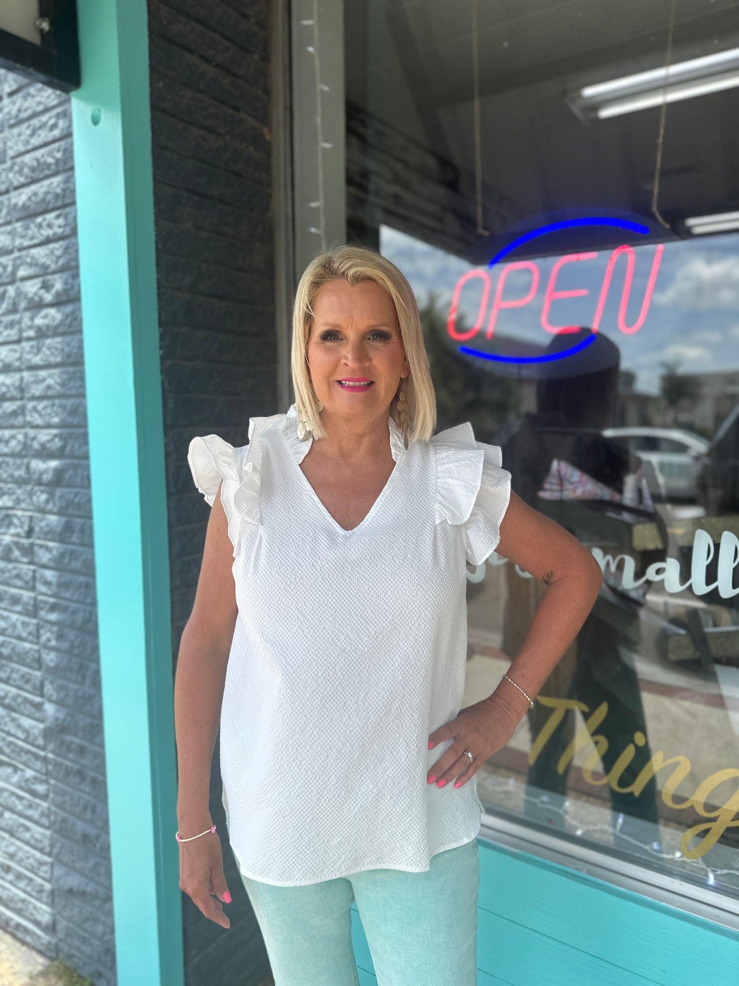 Off White Textured Ruffle Sleeve V-Neck Blouse