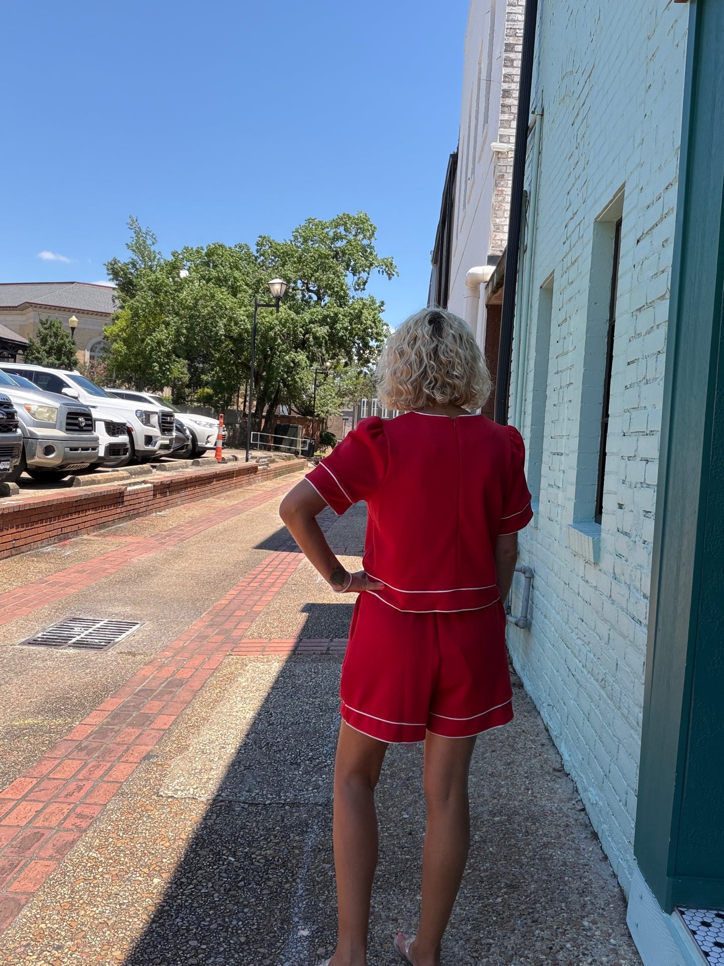 Red Skort set with white piping