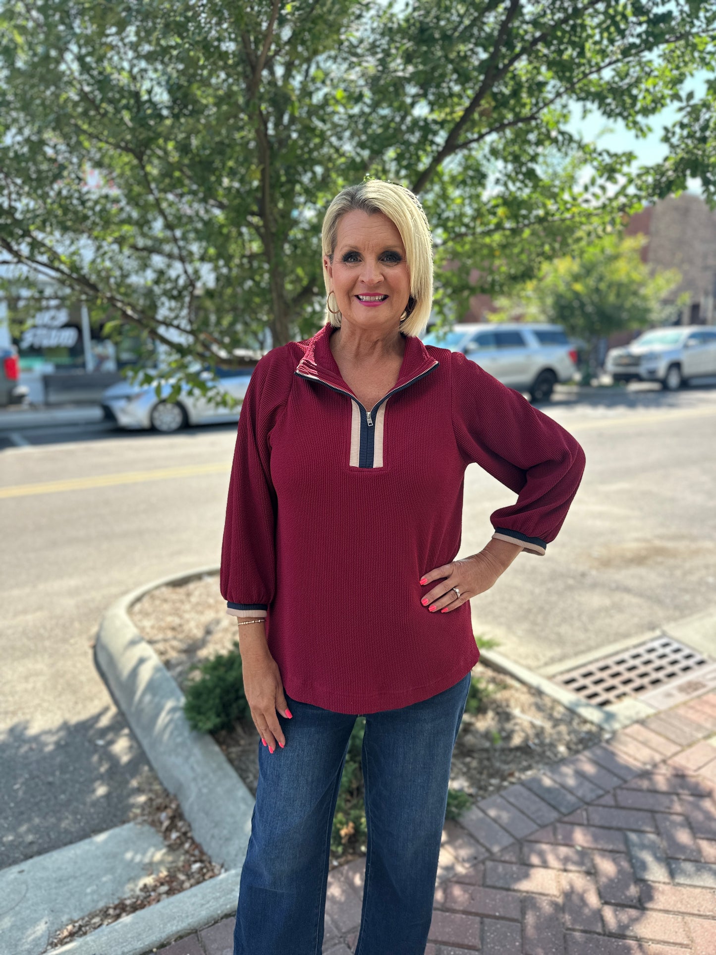 Burgundy 3/4 Sleeves Pullover