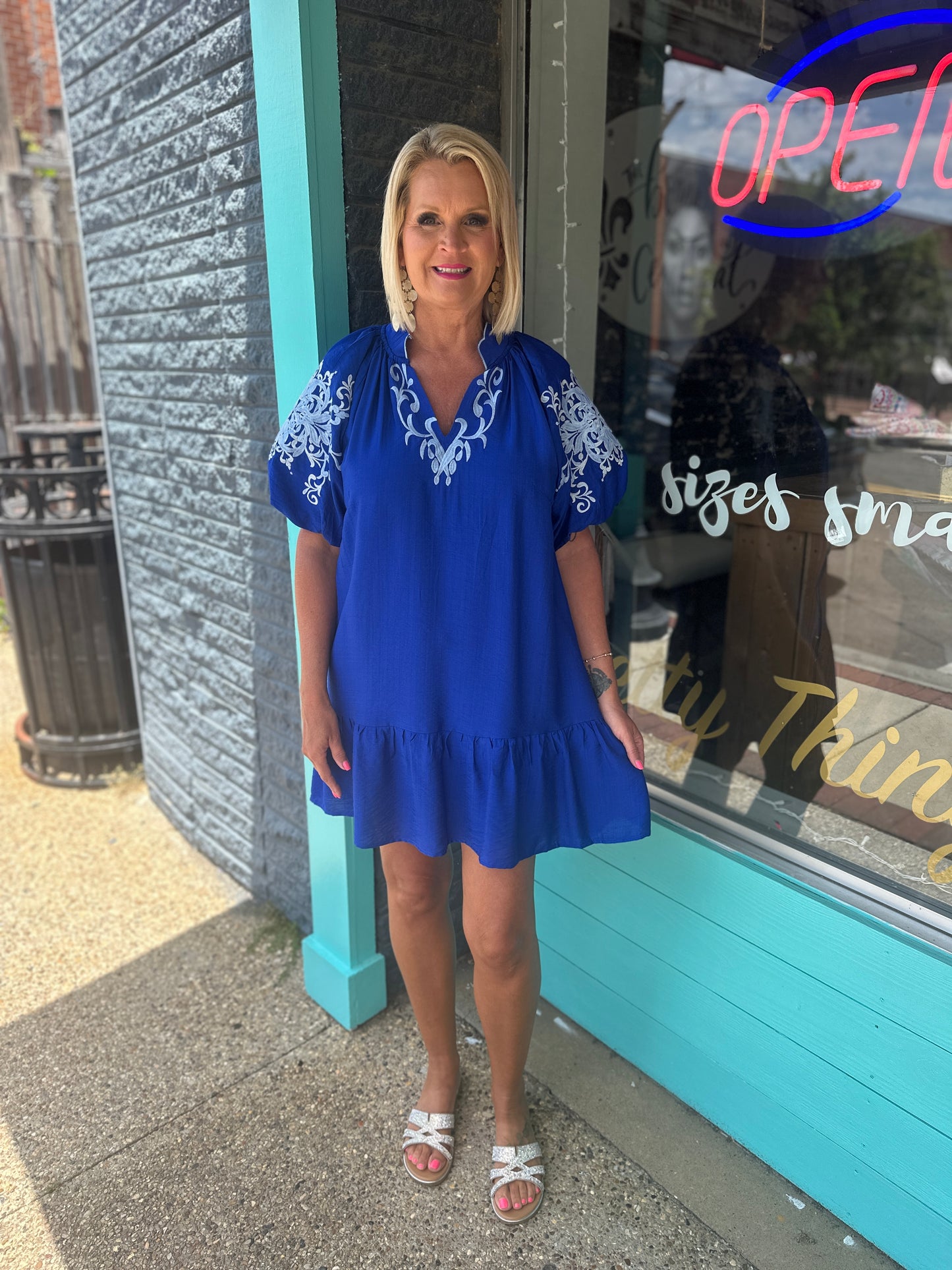 Cobalt Blue Embroidered Puff Sleeve Tiered Mini Dress