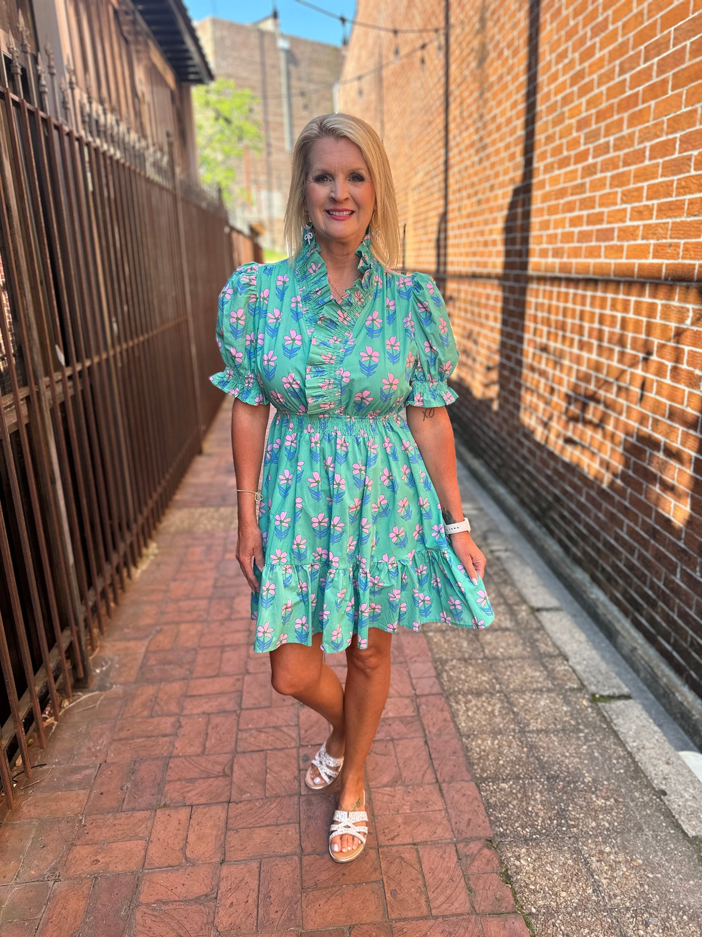 GREEN MIX RUFFLE NECK DRESS