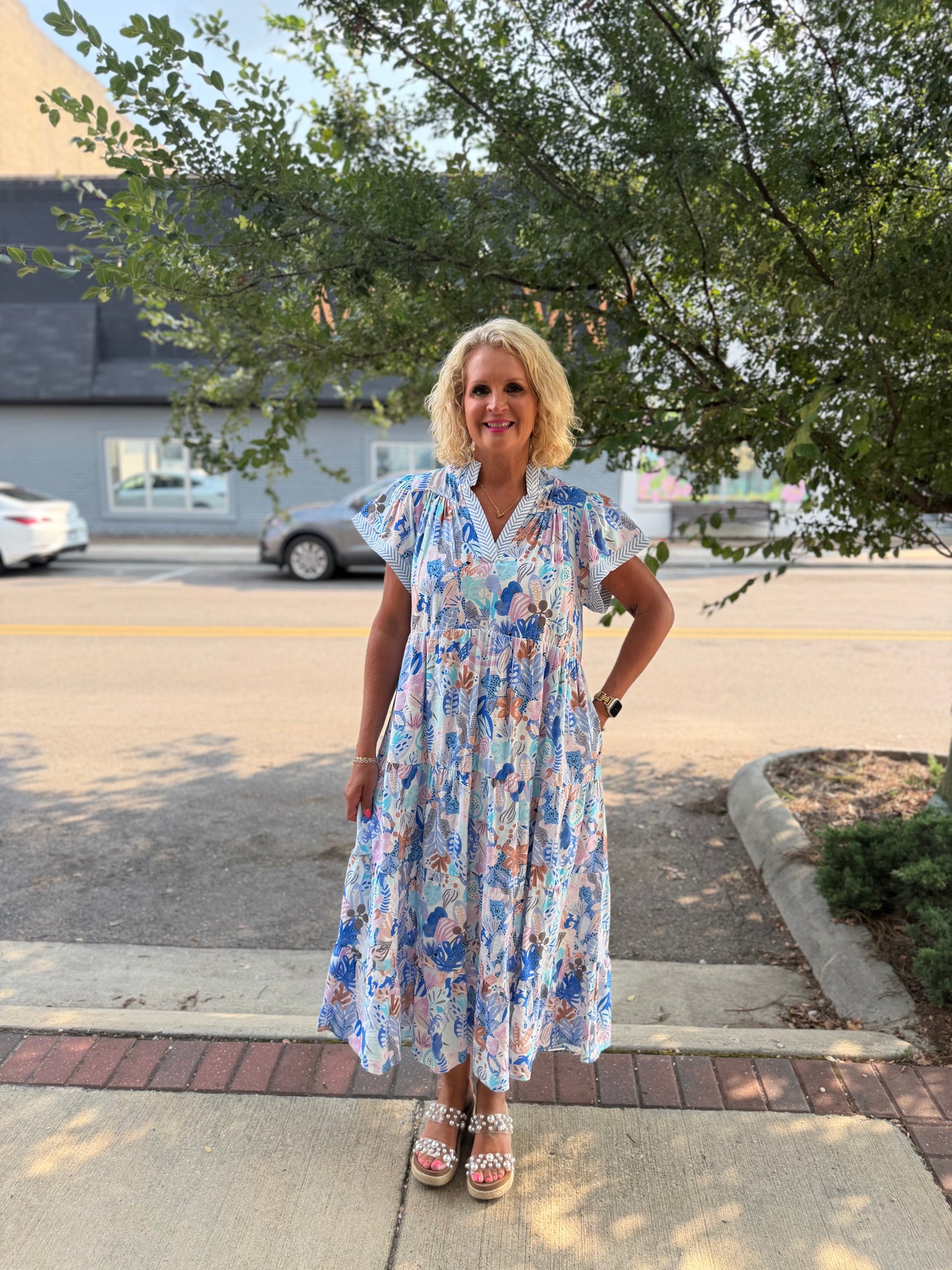 Midi dress in a watercolour tropical print