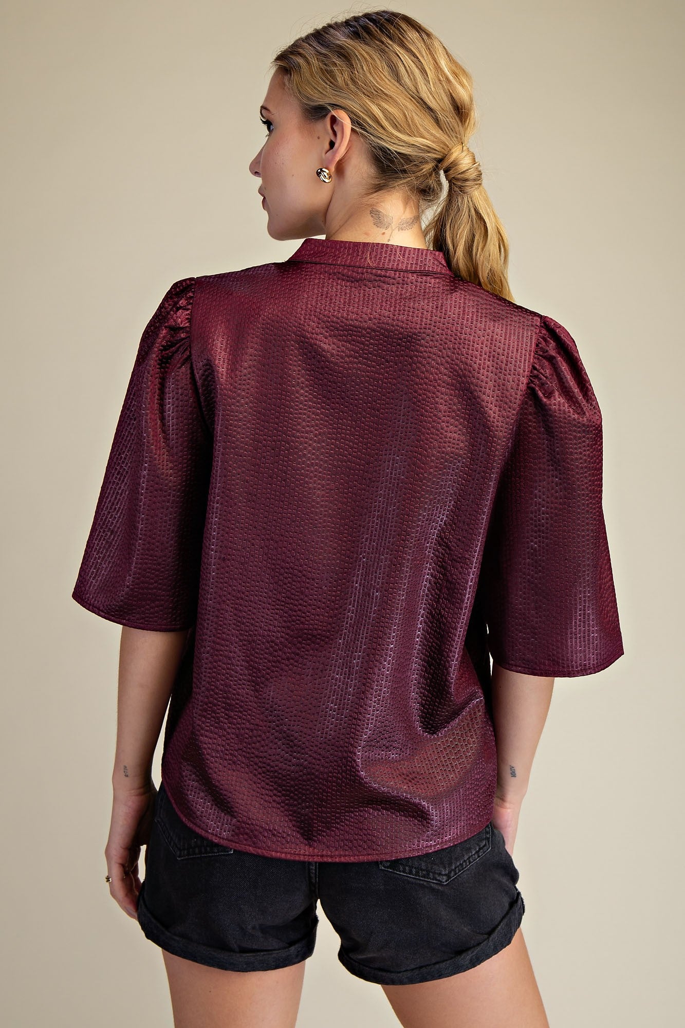Burgundy V Neck Textured Top