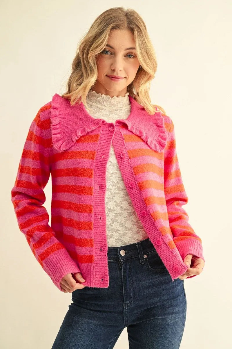 Hot Pink button down stripe cardigan with Peter Pan collar