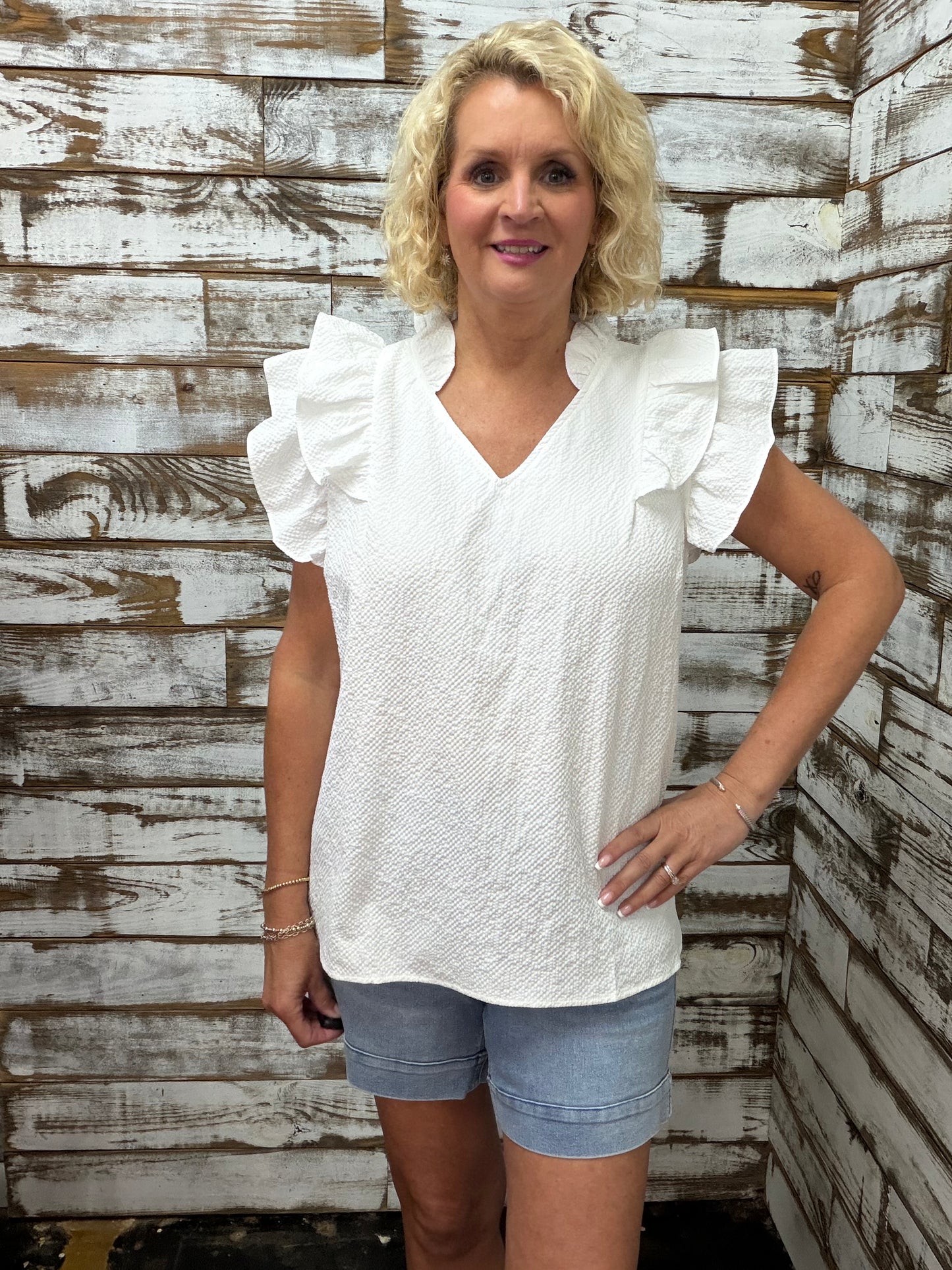 WHITE Textured Ruffle Sleeve V-Neck Blouse