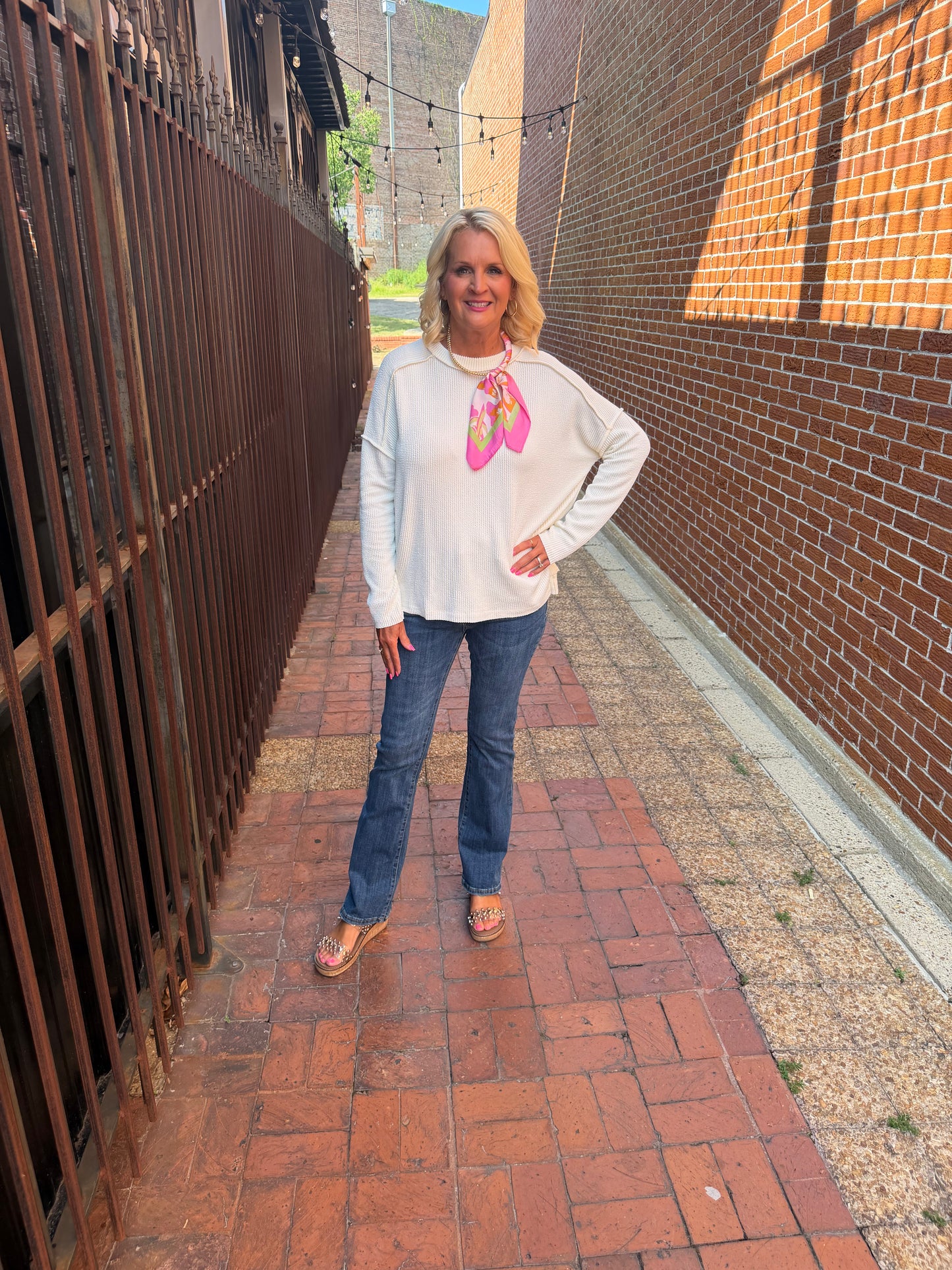 CREAM Rib Raw Edge Boat Neck Top