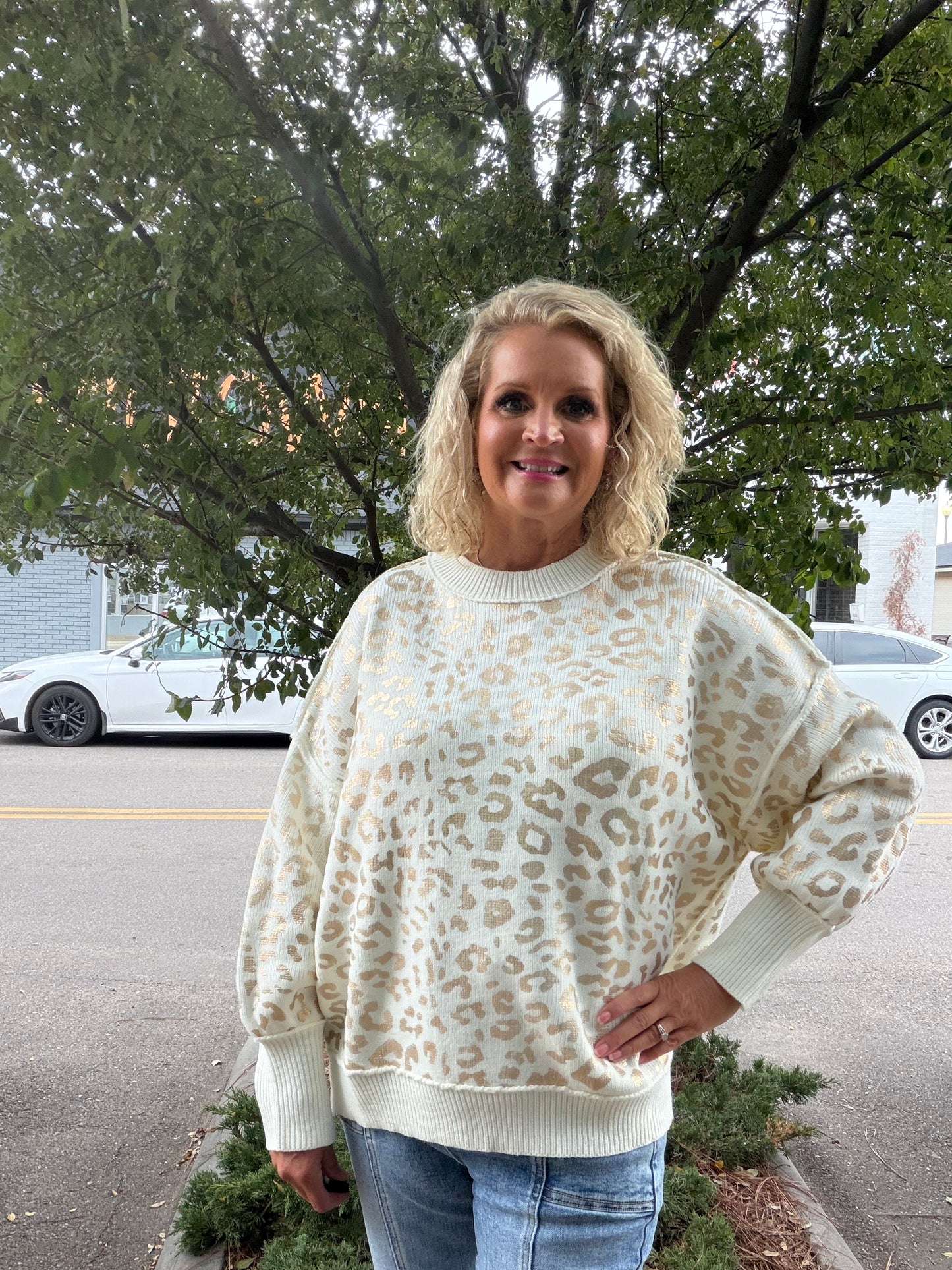 Cream/Gold Foil Animal Crew Neck Sweater