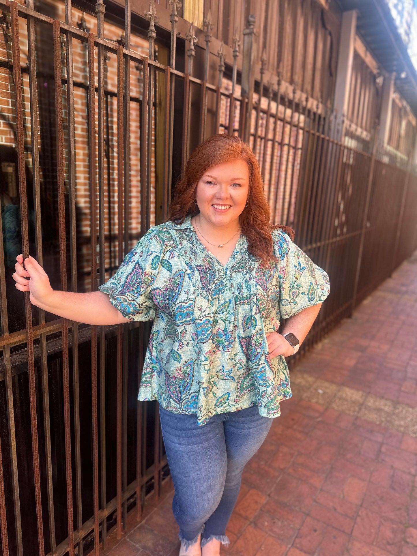 +Lt. Blue Mix Paisley Print V Neck Top