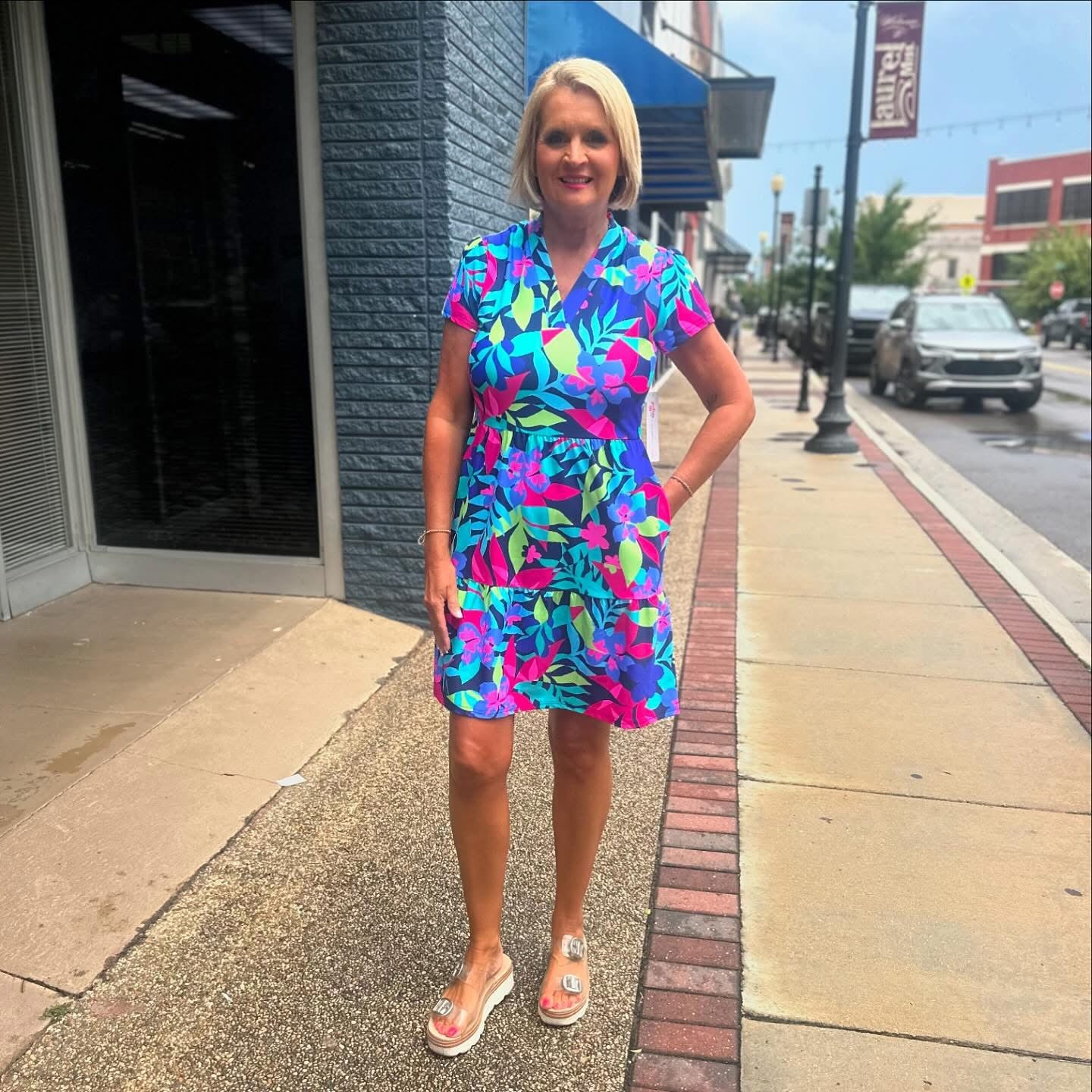 Natalia Tiered Dress, Navy Mix
