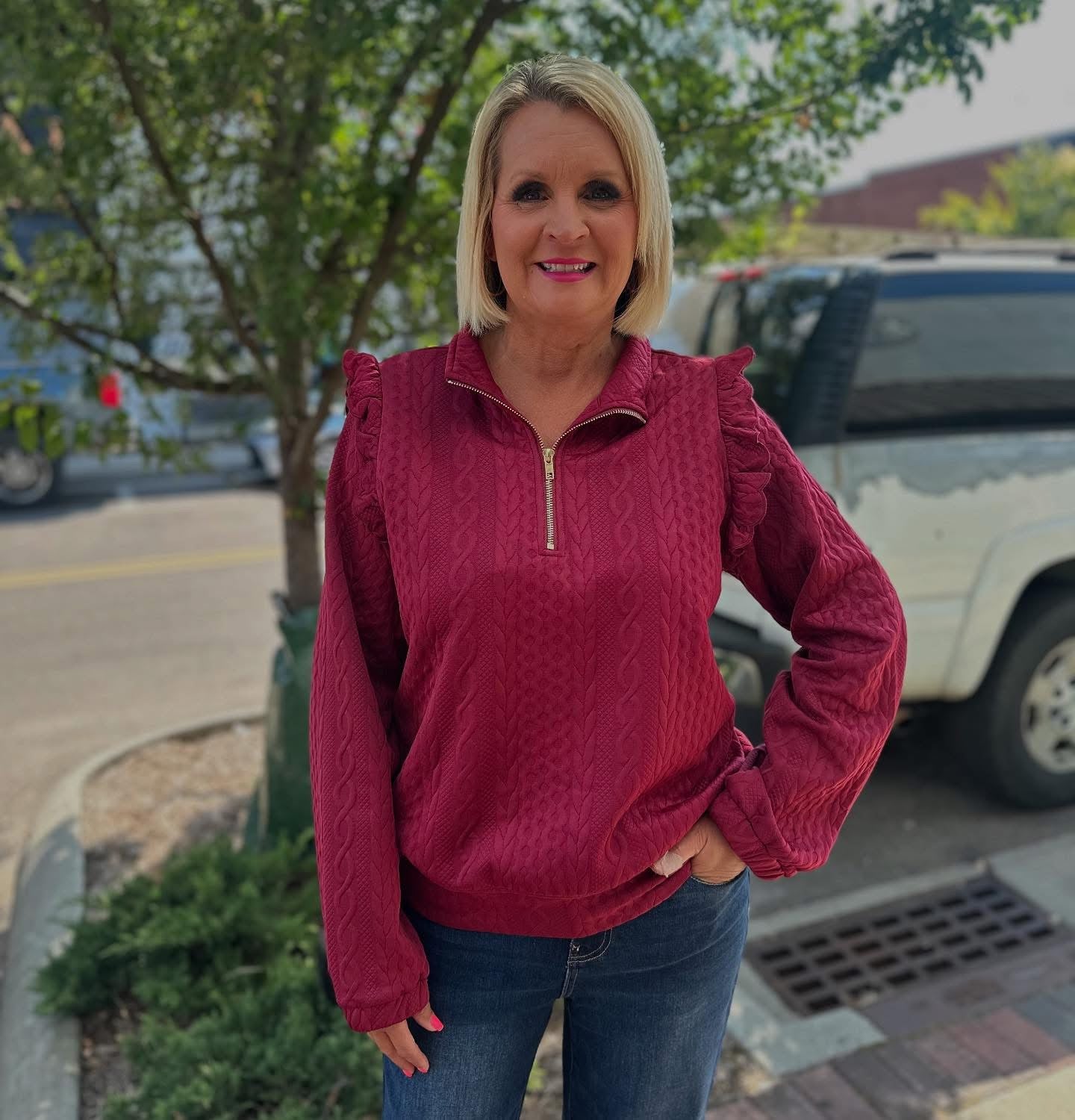 Burgundy Cable Knit Ruffle Shoulders Top
