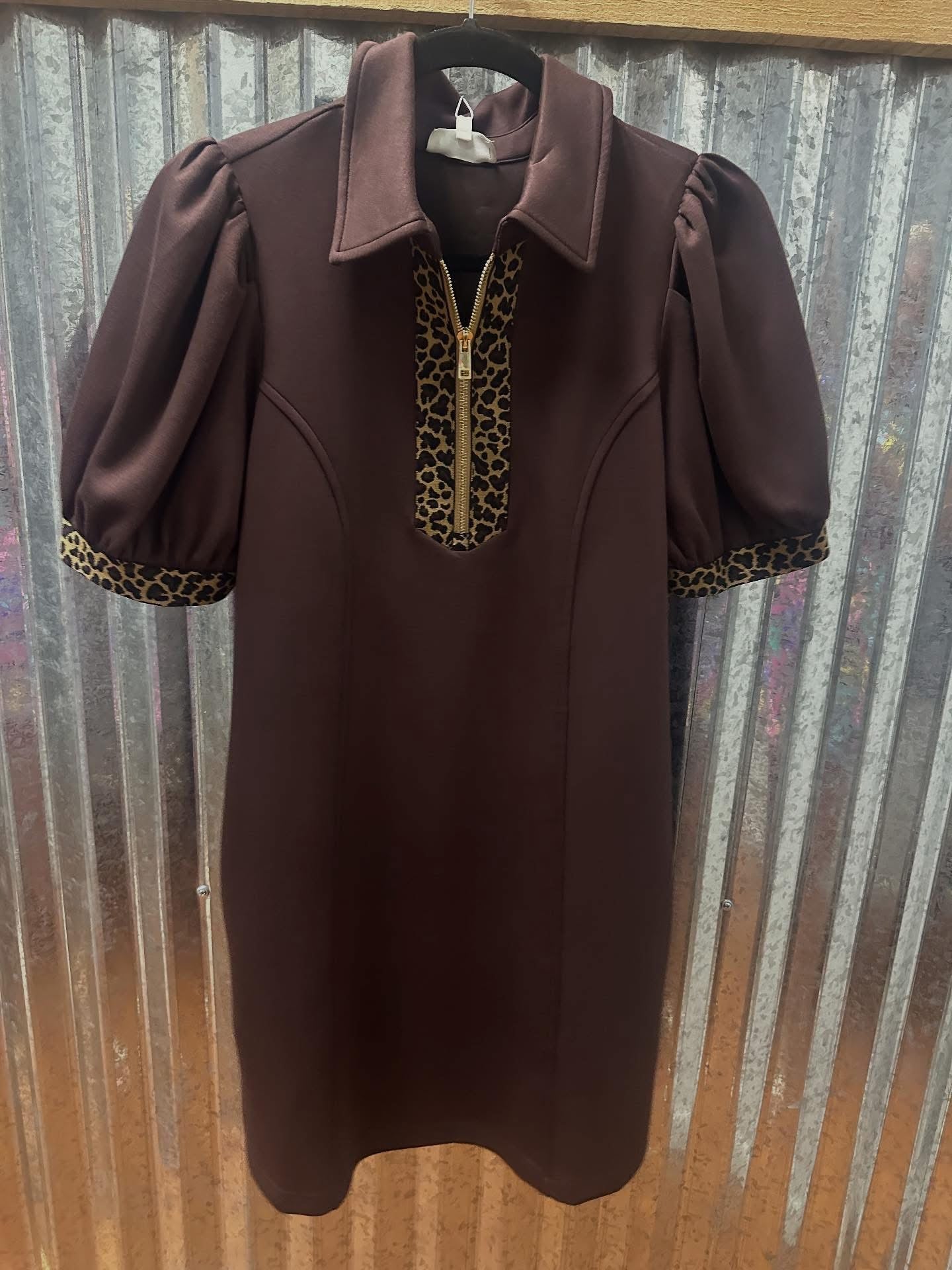 Brown Leopard Trim Dress