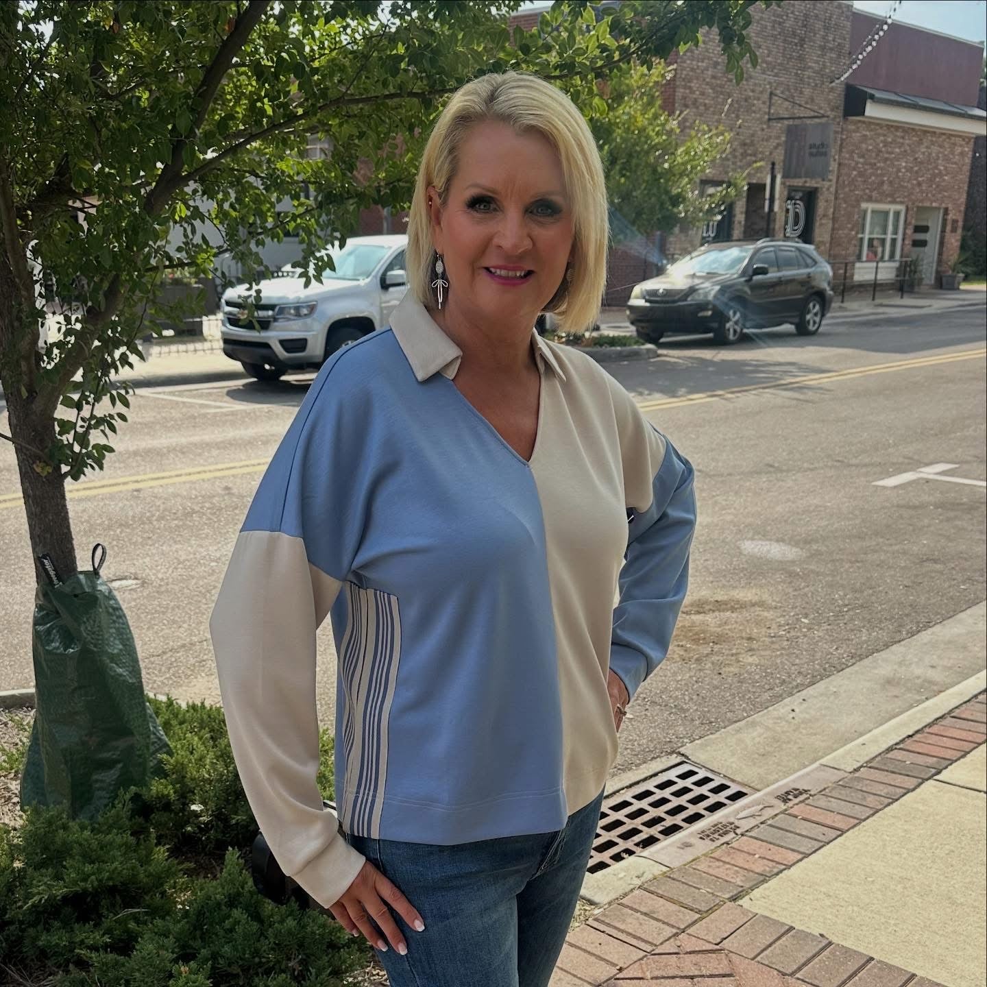 Denim/Taupe Color Block Top