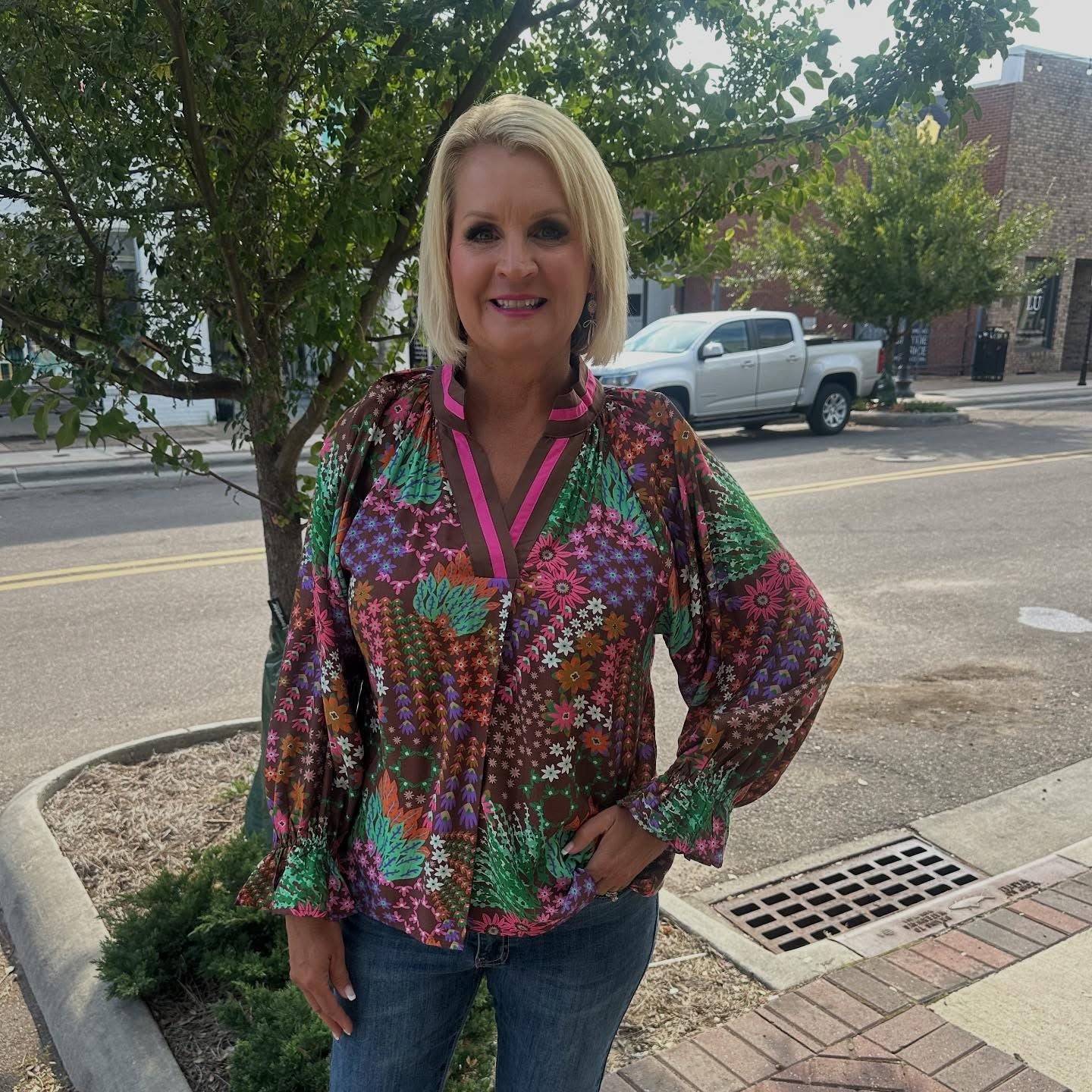 BROWN Floral Print V-Neck Top