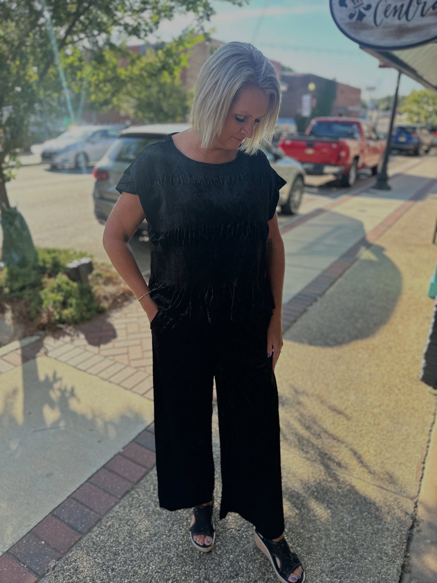 Velvet Ruffle Hem Smocked