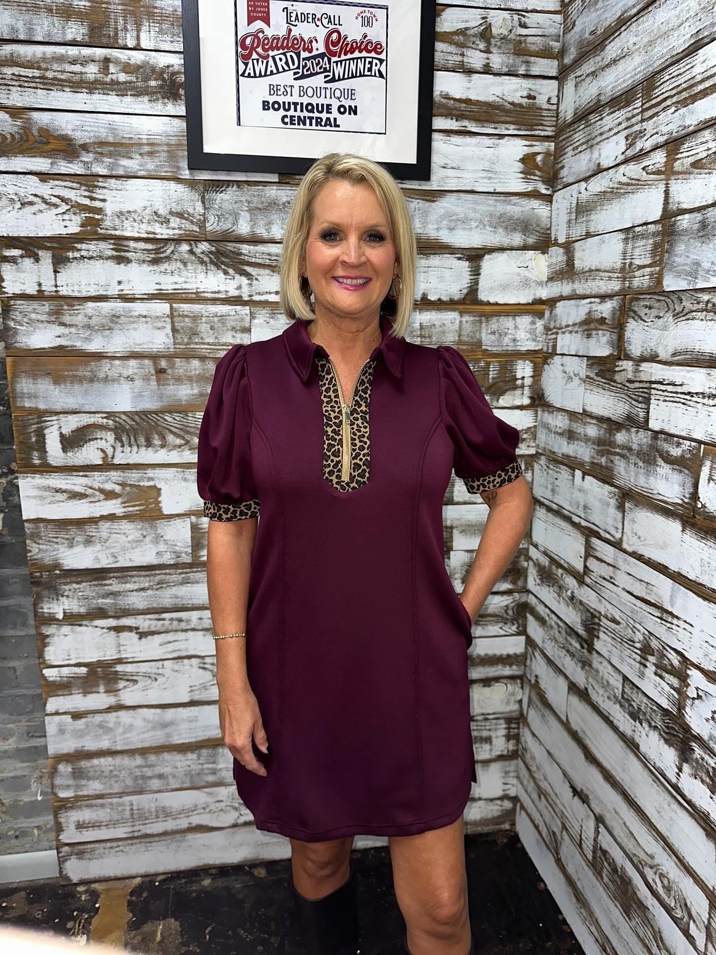 WINE LEOPARD TRIM DRESS