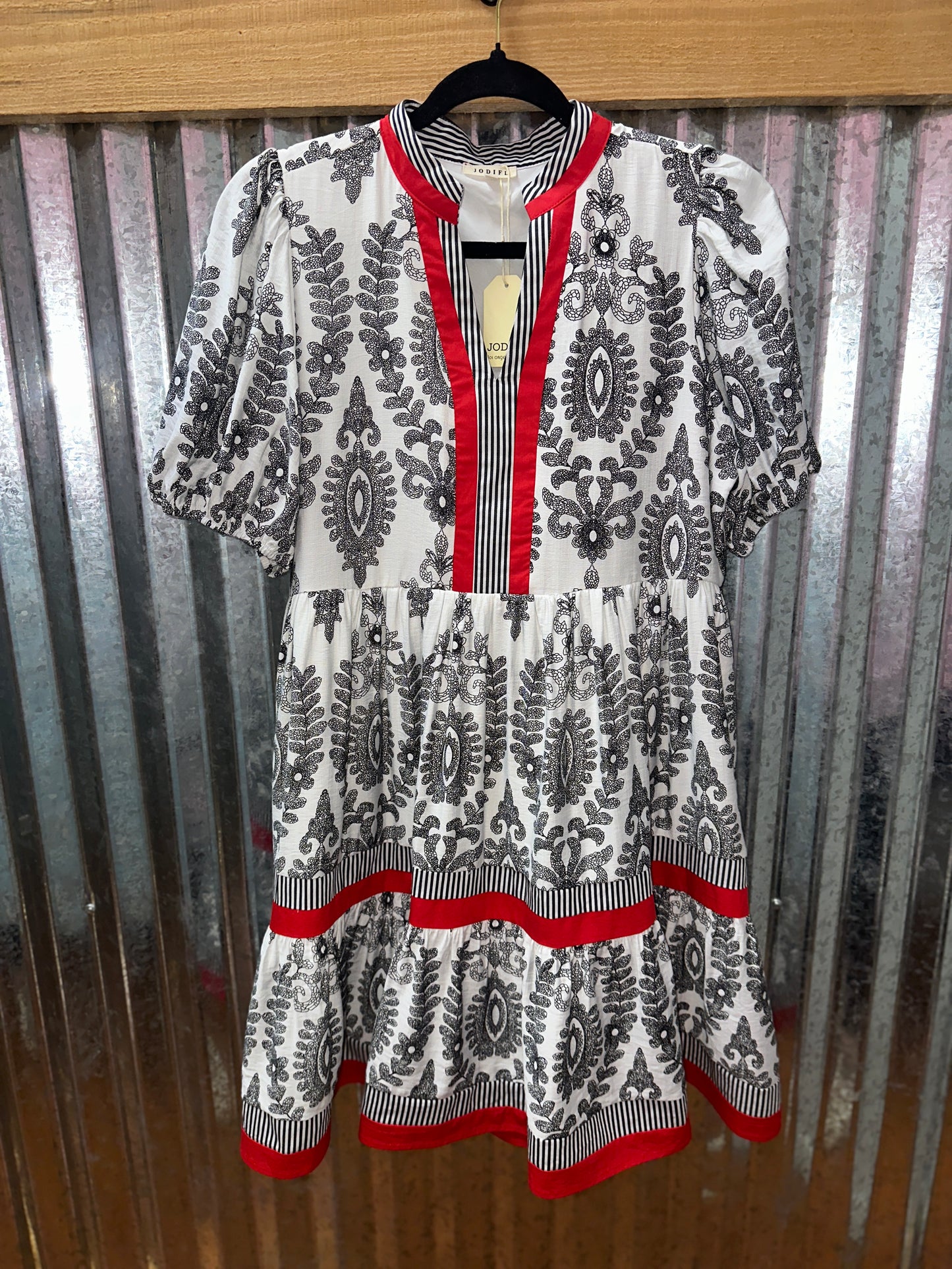 Black Floral Print Red Trim Dress