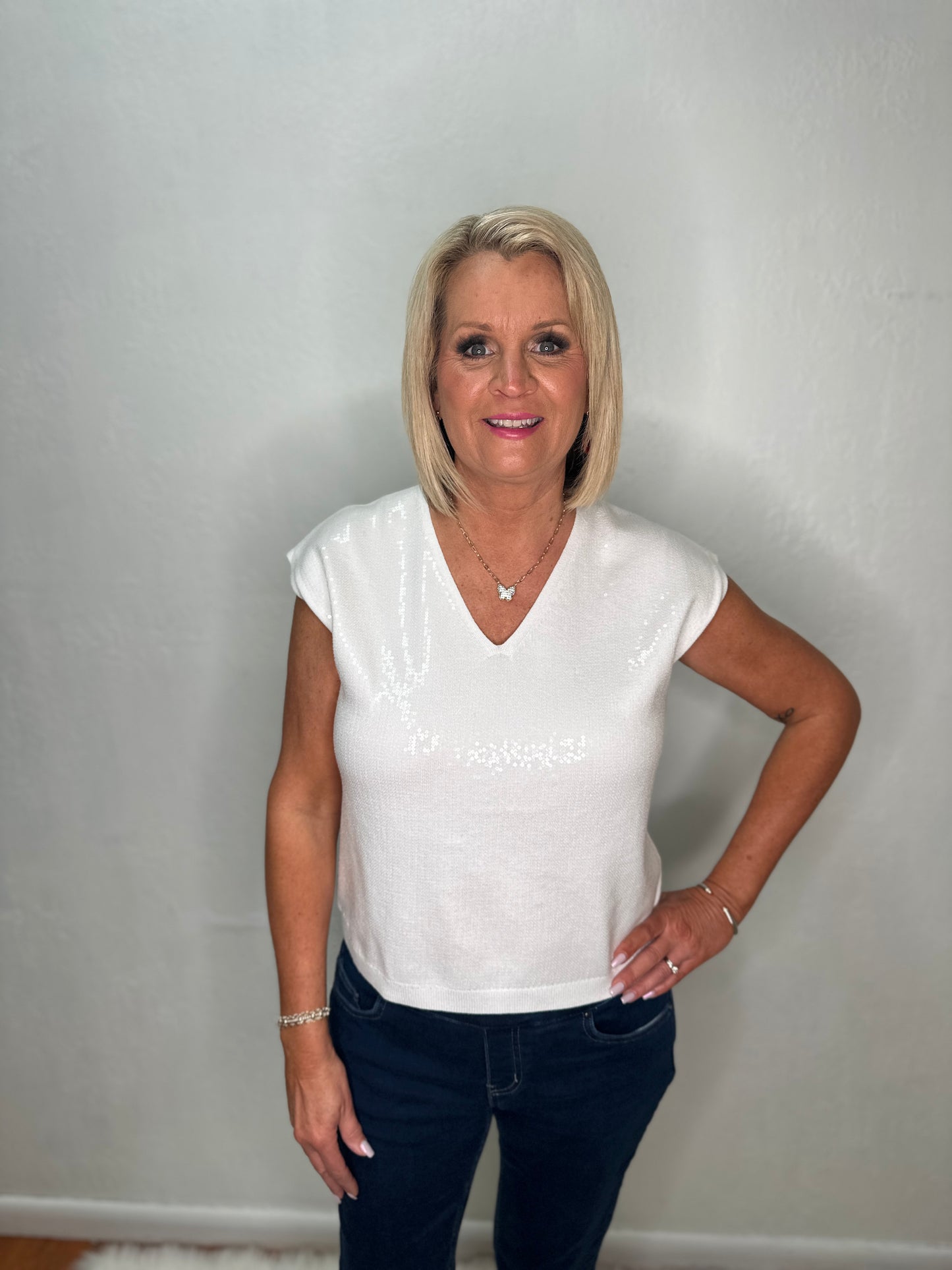 Sequin Drop Shoulder Sweater Top, White