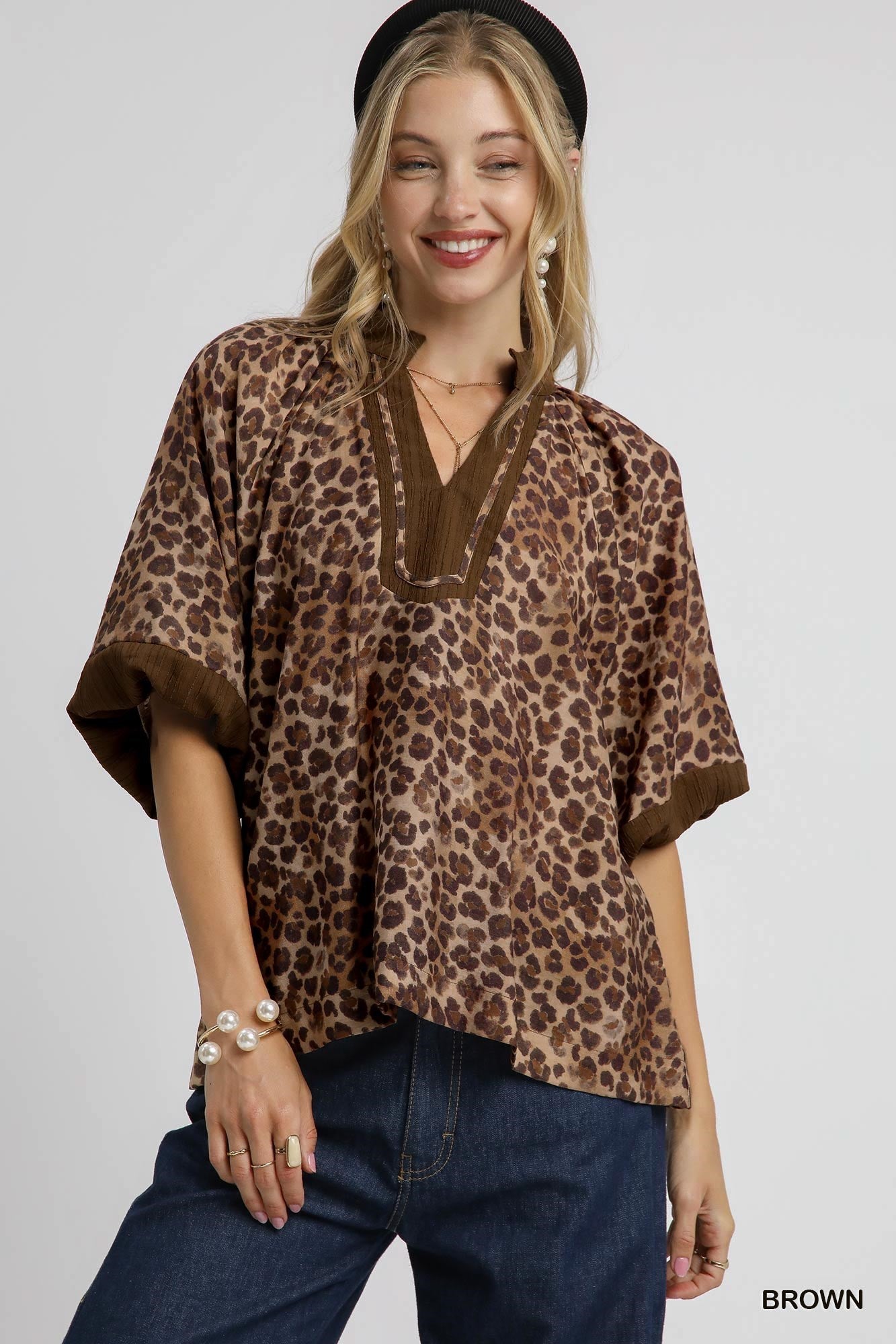 Leopard Print Pleated Sleeve Blouse