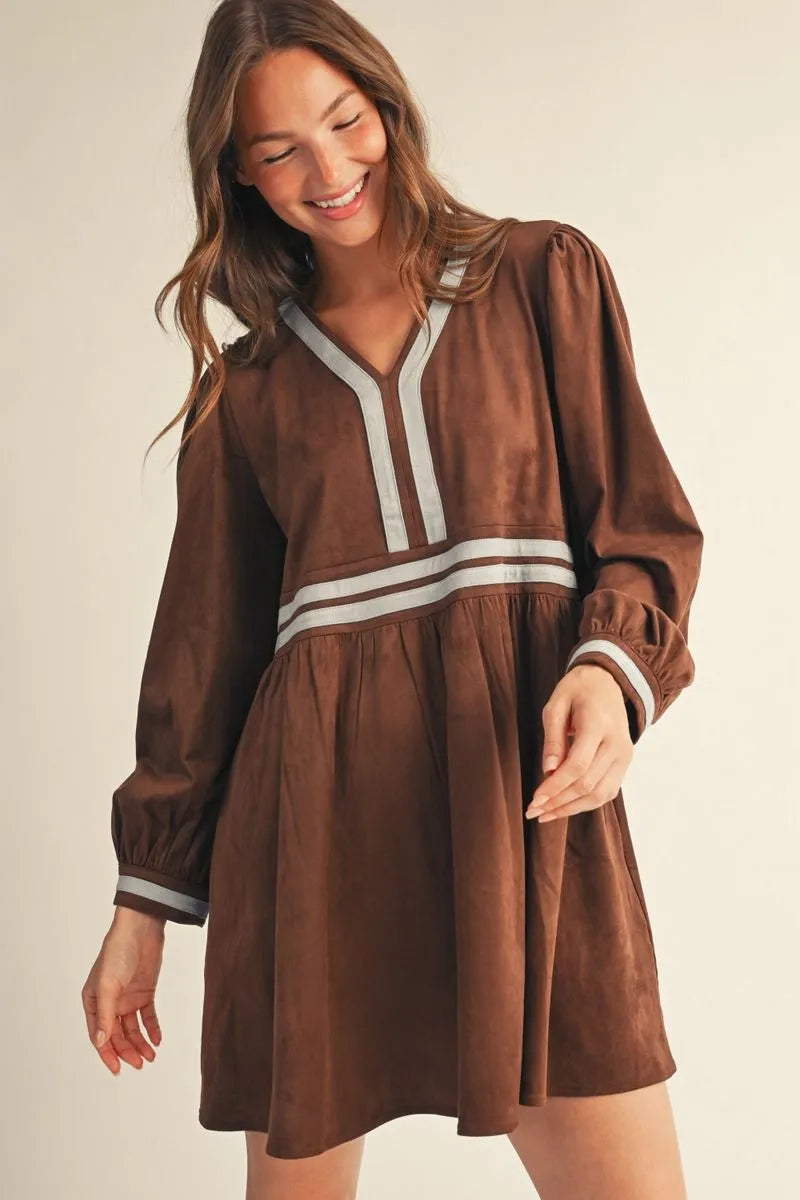 Long sleeves v neck faux suede dress with color contrast accent, side pockets