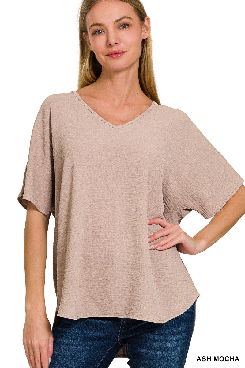 LT MOCHA Woven Airflow V-neck Short Sleeve Top