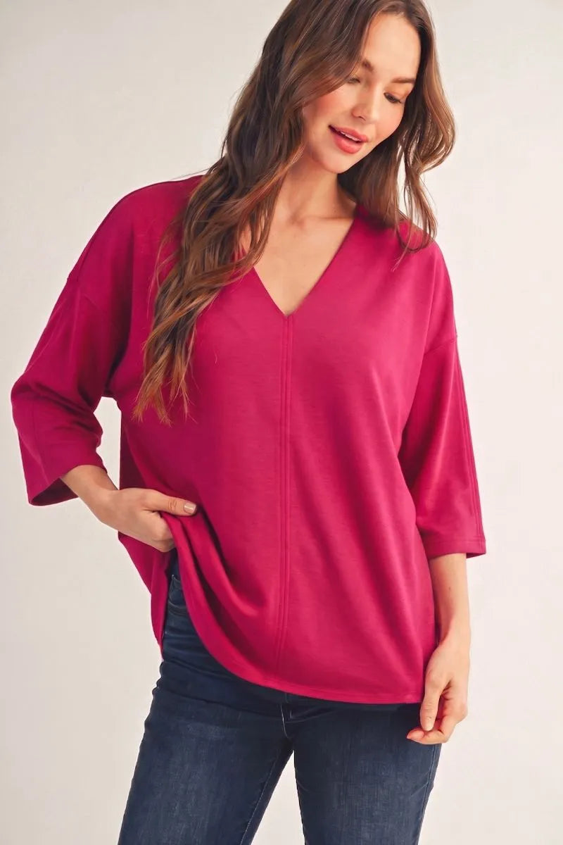 Magenta Drop shoulder 3/4 sleeves v neck top