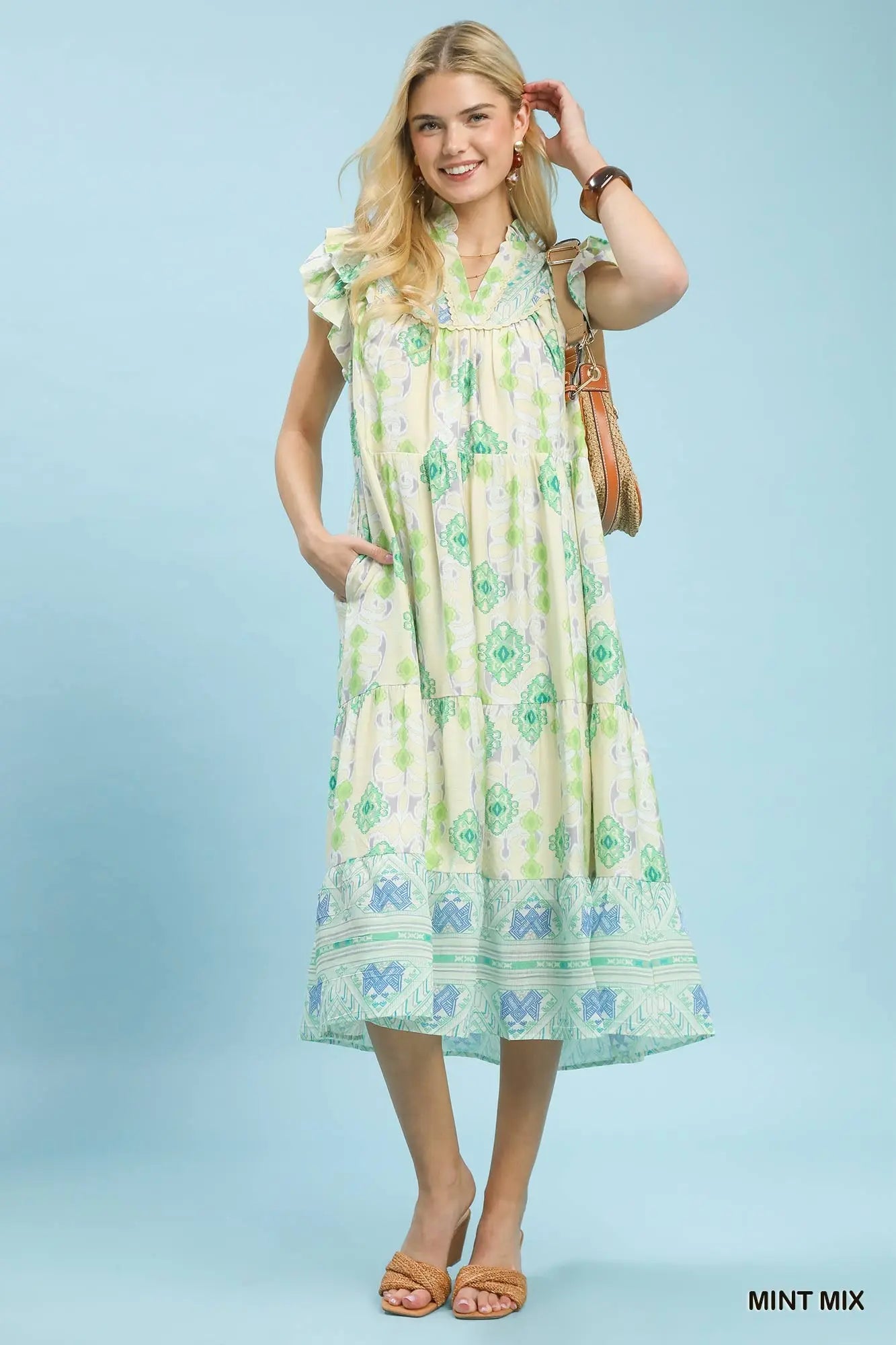 Boho Mint Mix Printed Midi Dress
