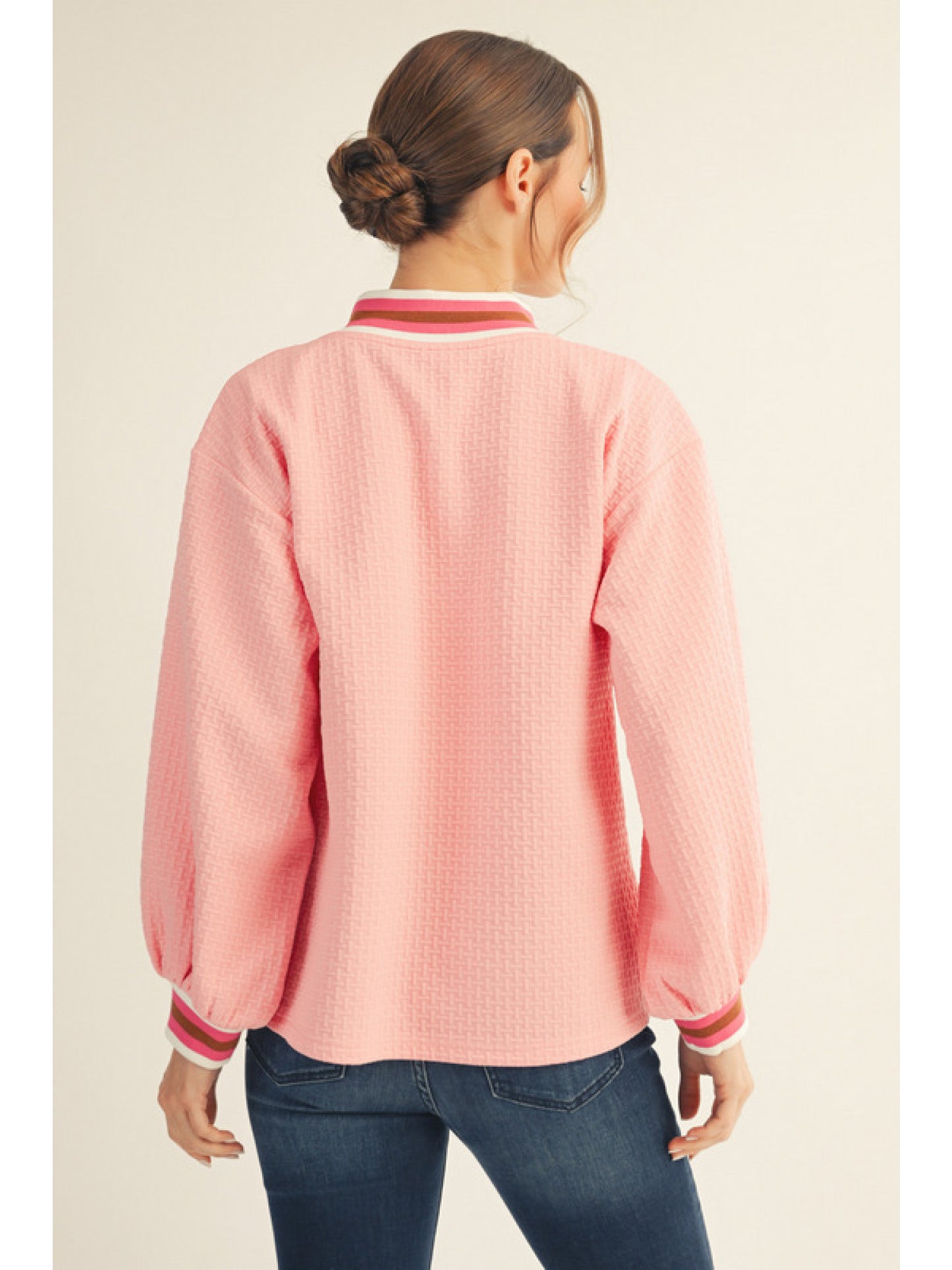Textured Puff Sleeve Pullover, Pink