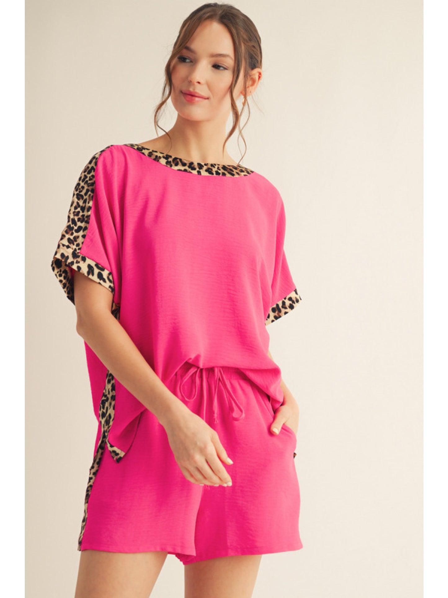 Hot Pink Leopard Trim Top